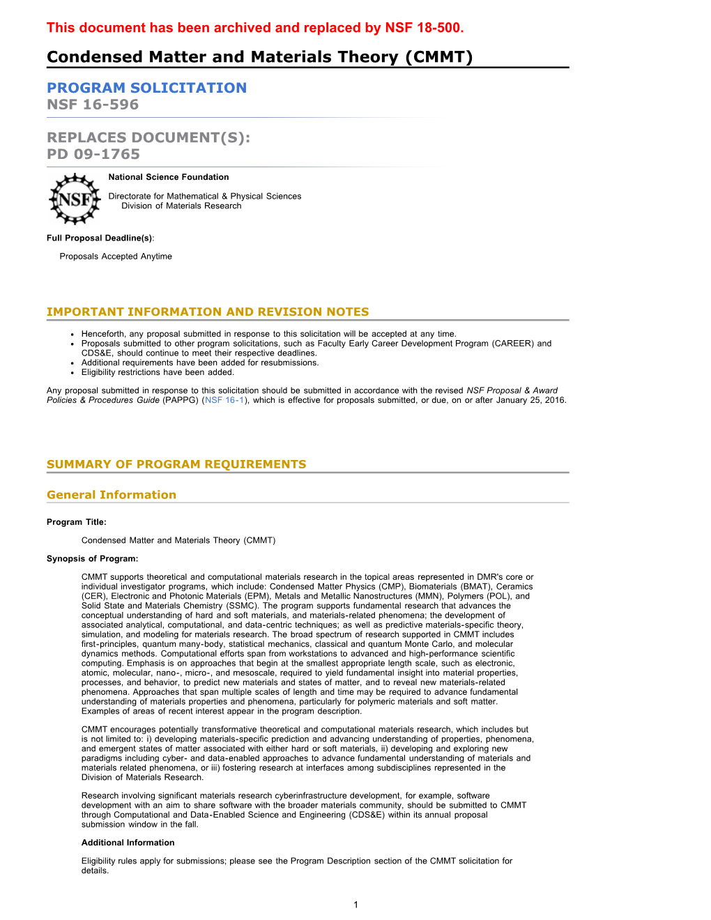 Condensed Matter and Materials Theory (CMMT) (Nsf16596) |