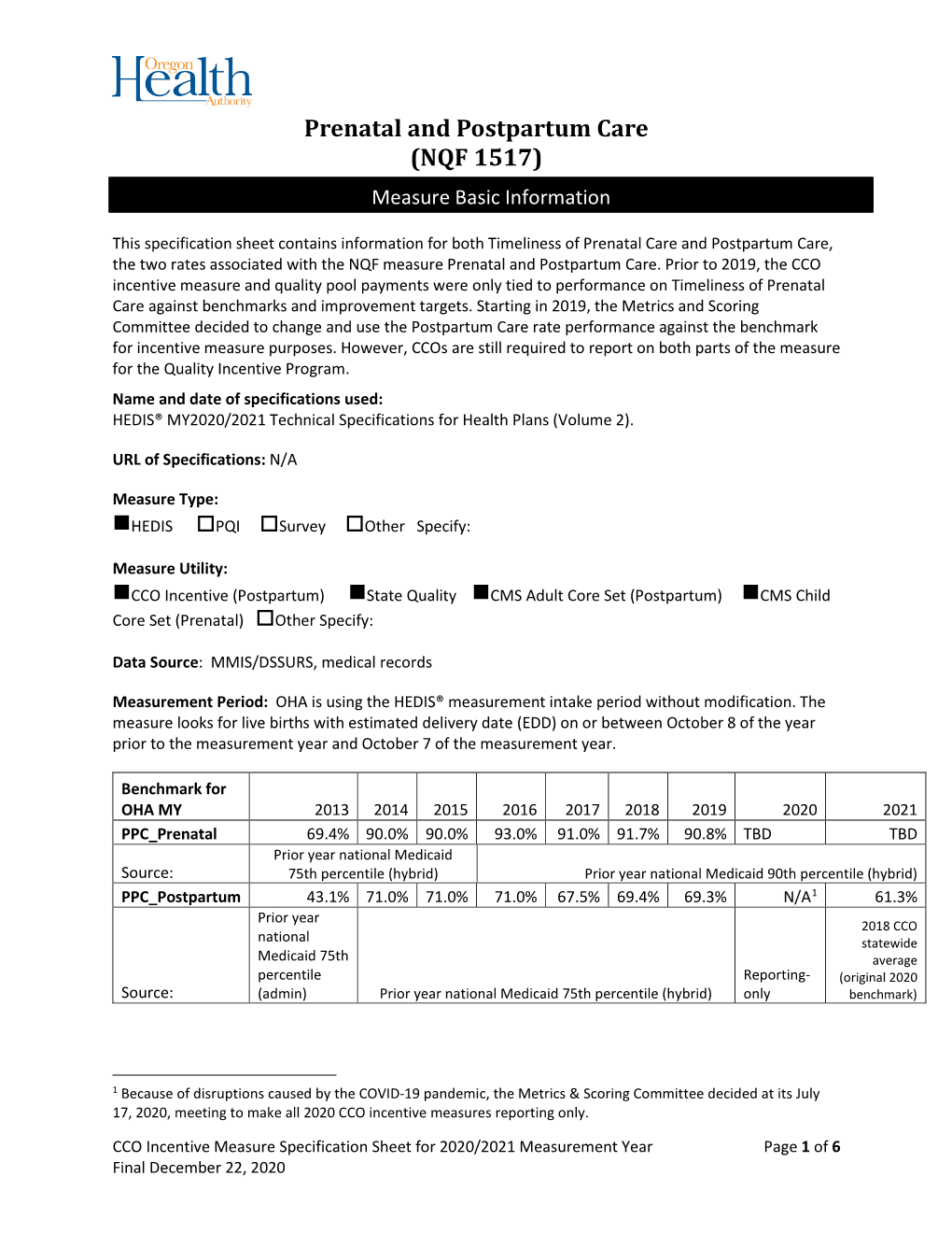 2020-2021 Prenatal and Postpartum Care Specifications