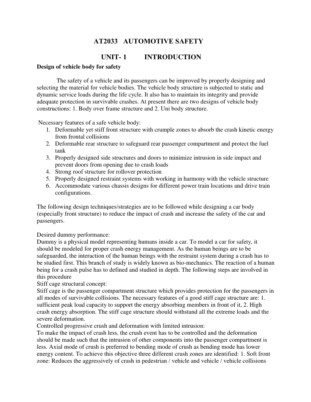 At2033 Automotive Safety Unit- 1 Introduction
