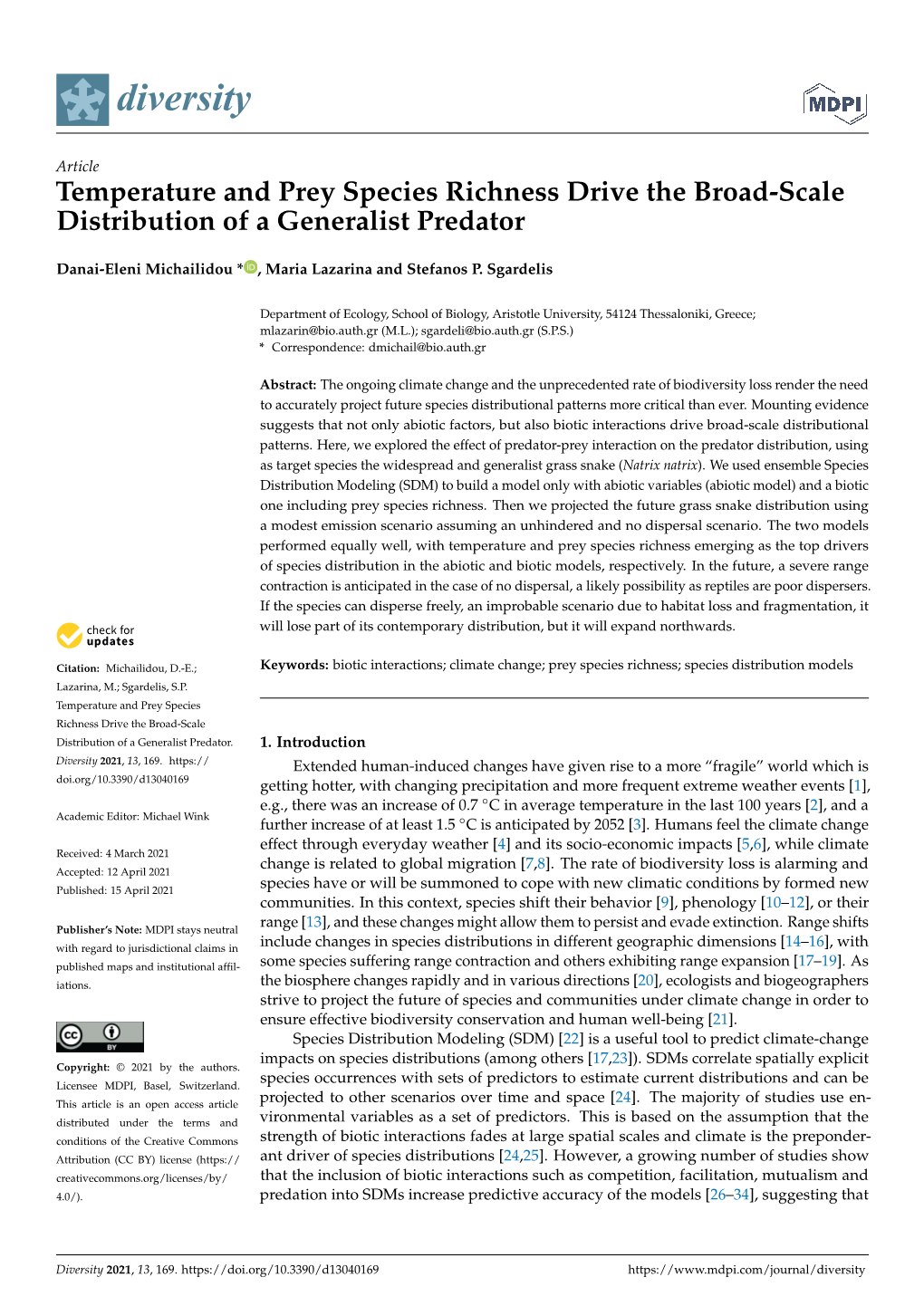 Temperature and Prey Species Richness Drive the Broad-Scale Distribution of a Generalist Predator