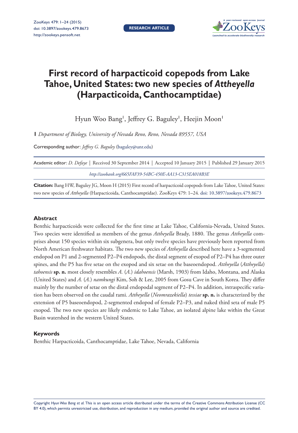 First Record of Harpacticoid Copepods from Lake Tahoe, United States