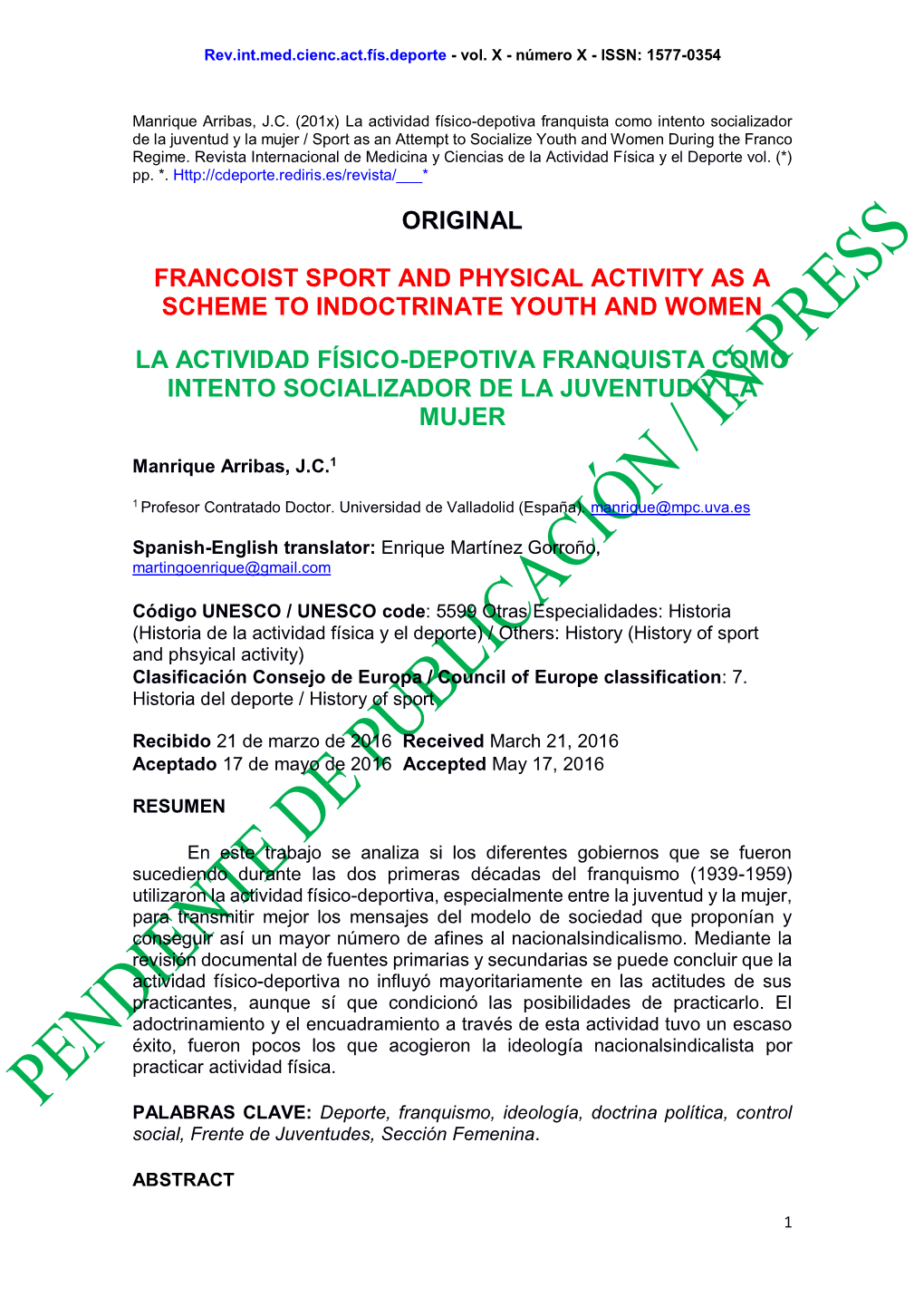 Original Francoist Sport and Physical Activity As A
