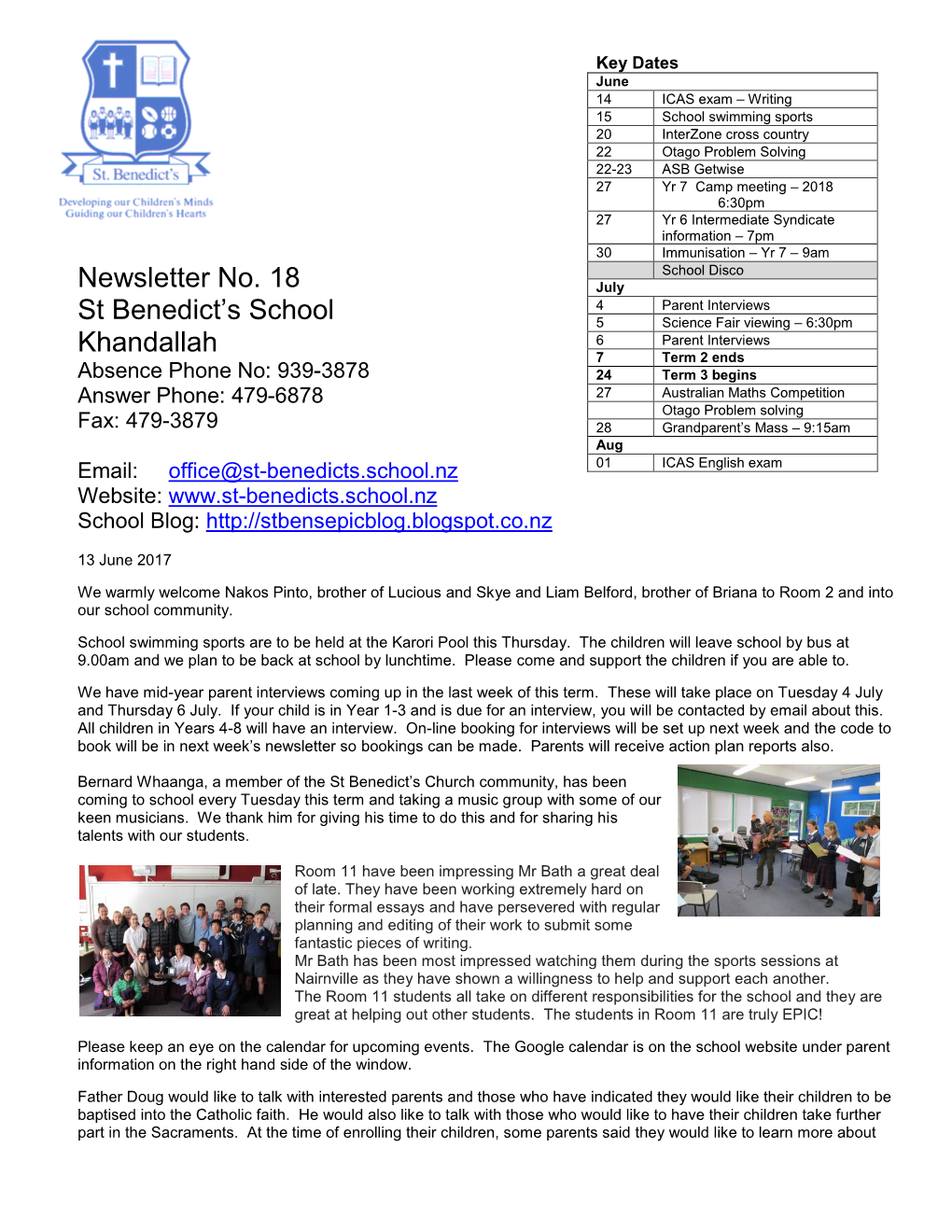 Newsletter No. 18 St Benedict's School Khandallah