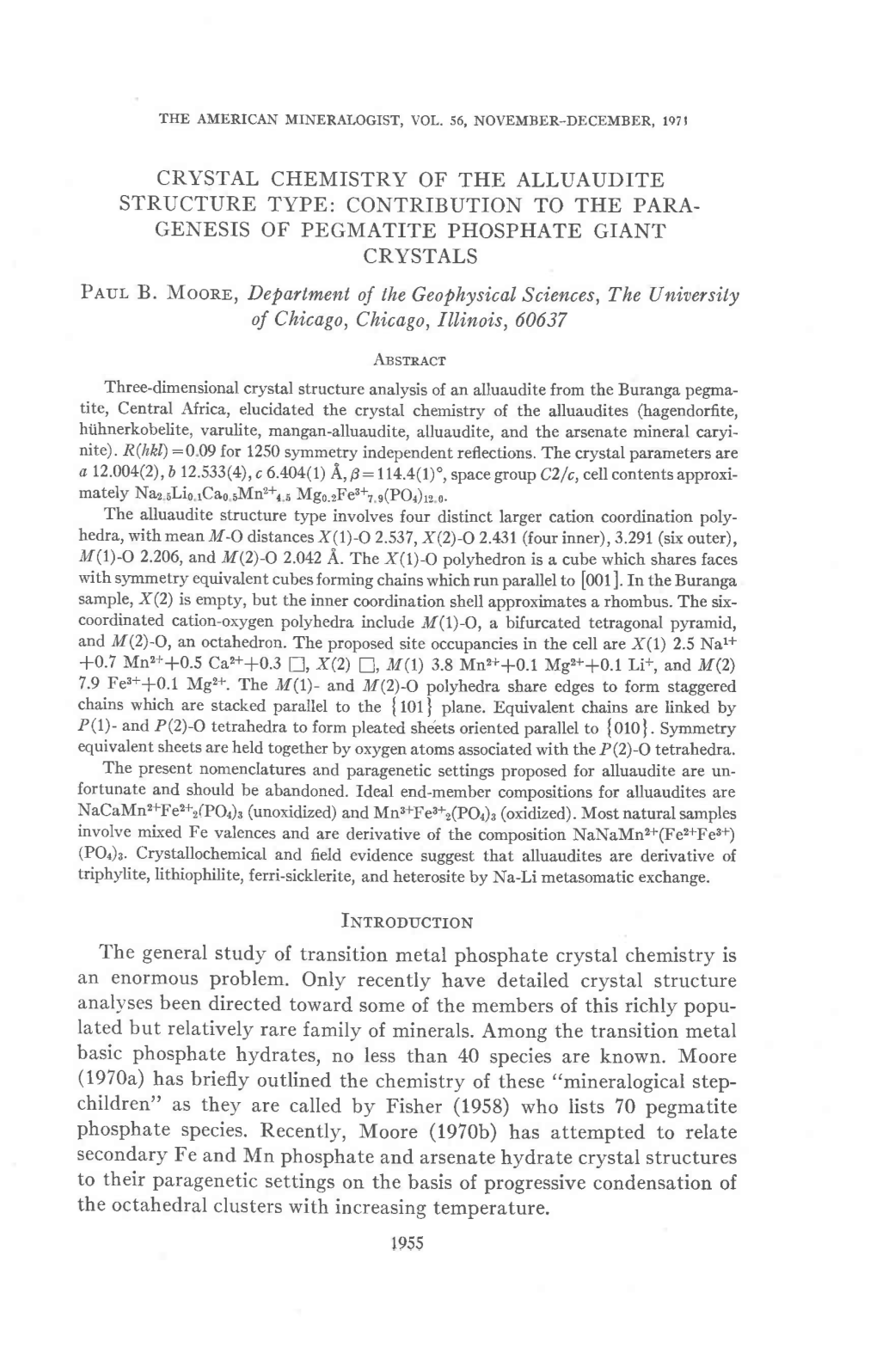 CRYSTAL CHEMISTRY of the ALLUAUDITE STRUCTURE TYPE: CONTRIBUTION to the PARA- GENESIS of PEGMATITE PHOSPHATE GIANT CRYSTALS Peur B