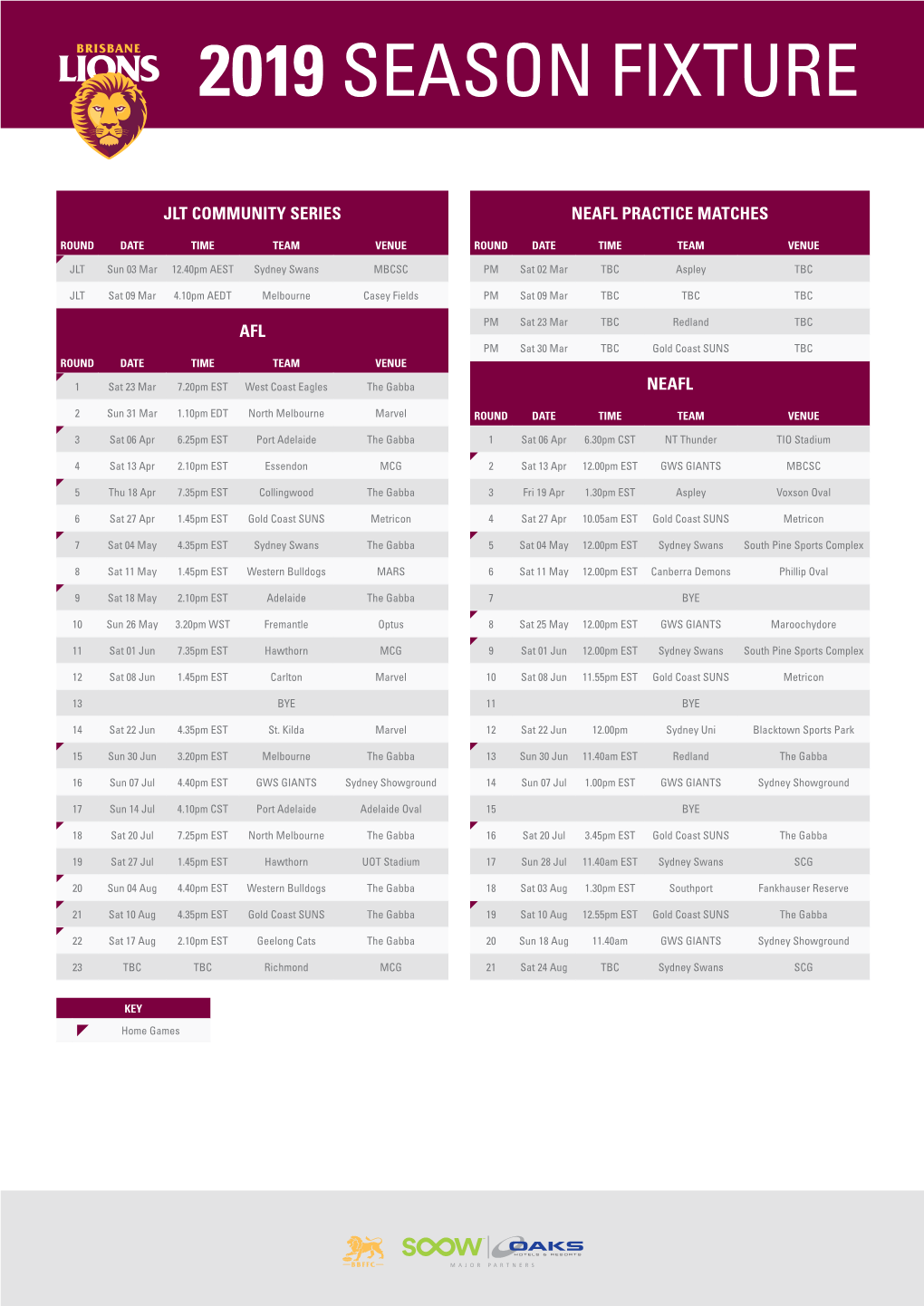 2019 Season Fixture