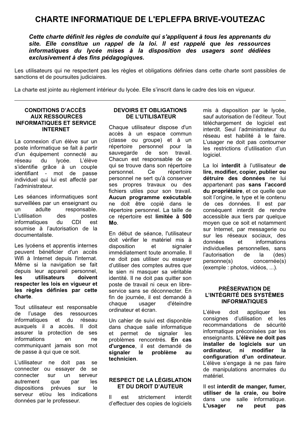 Charte Informatique De L'eplefpa Brive-Voutezac