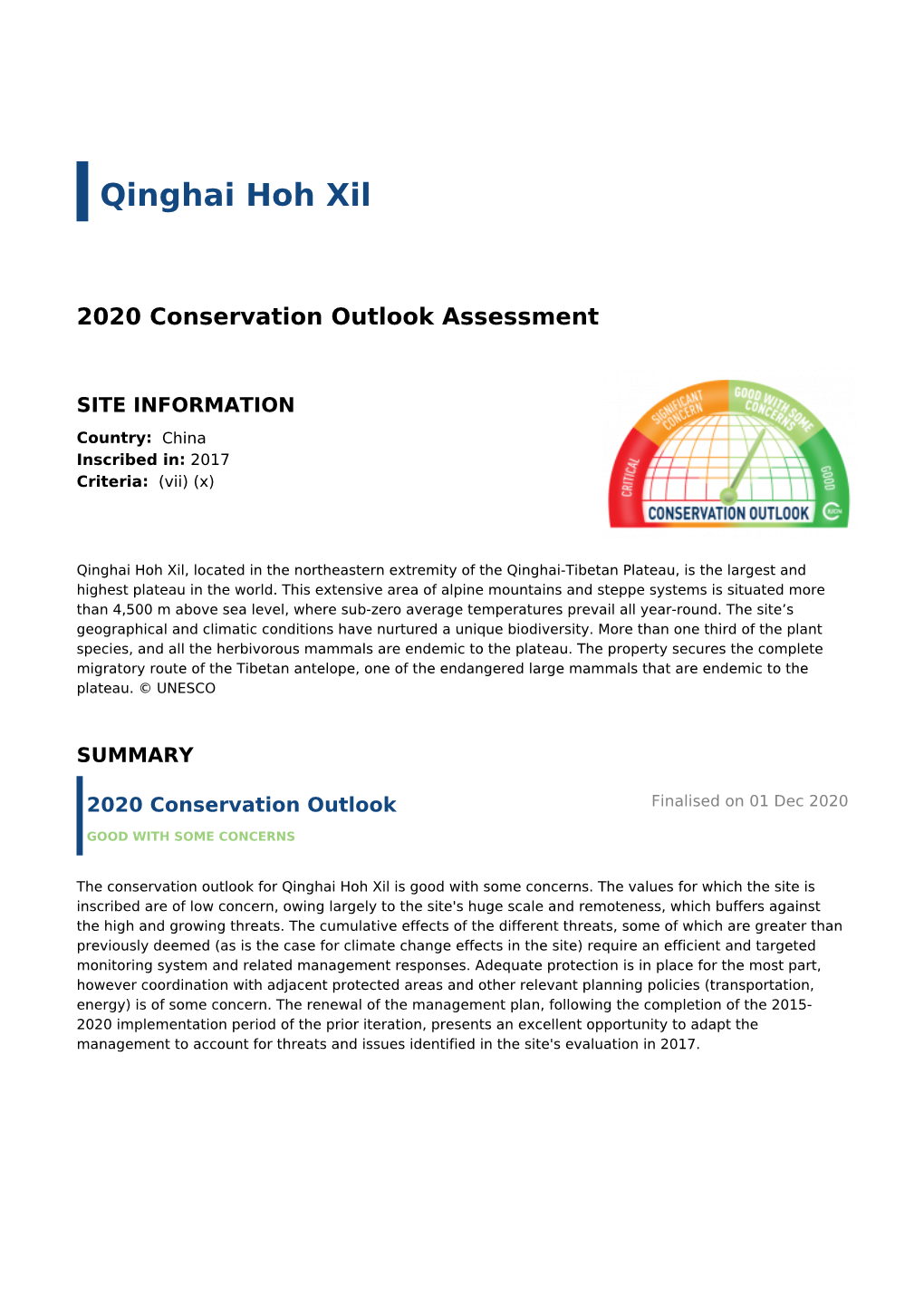 2020 Conservation Outlook Assessment