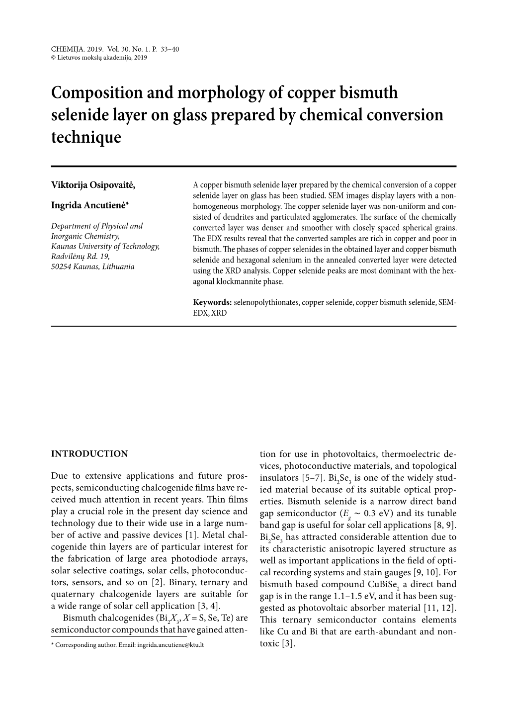 Composition and Morphology of Copper Bismuth Selenide Layer on Glass Prepared by Chemical Conversion Technique