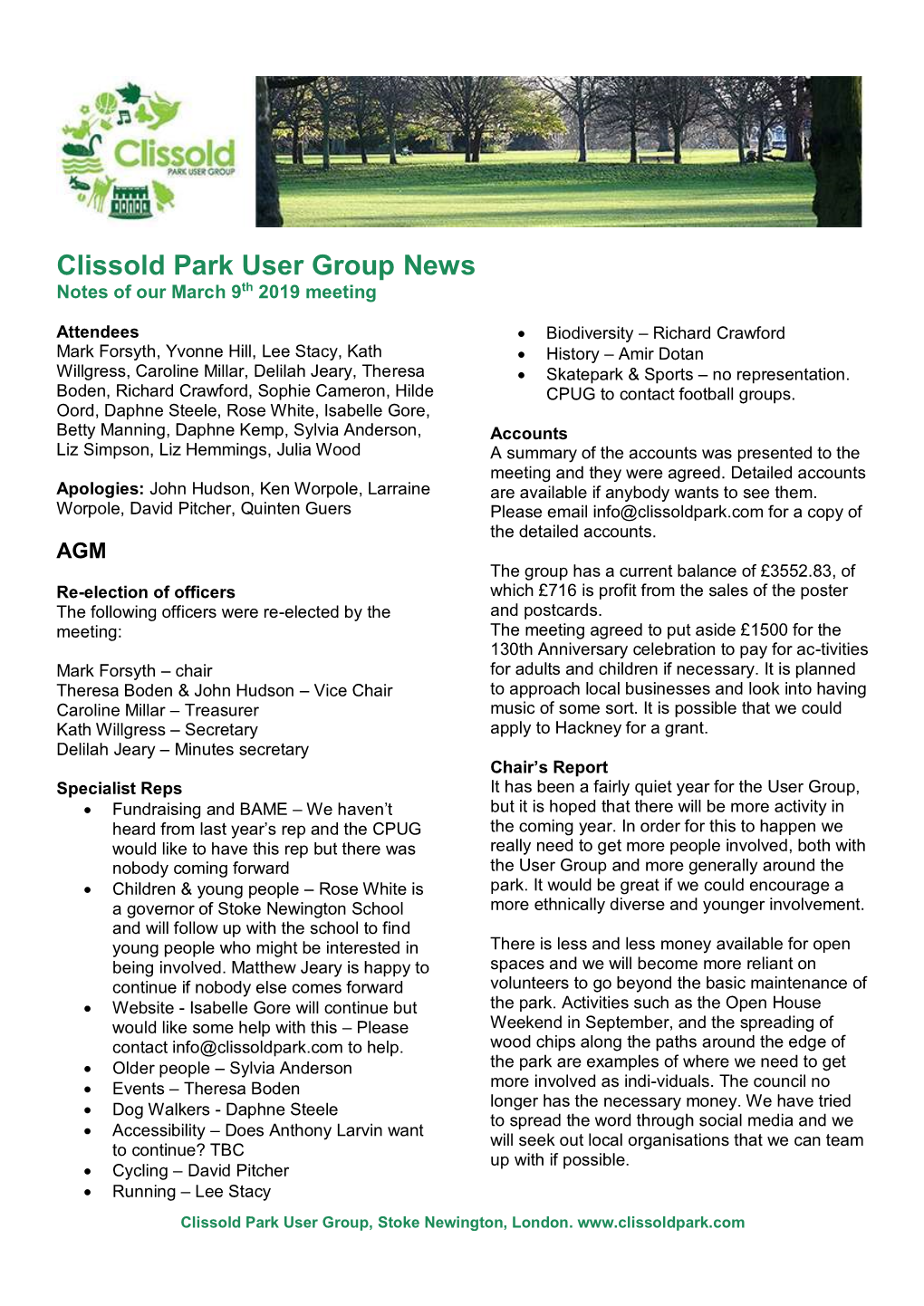 Clissold Park User Group News Notes of Our March 9Th 2019 Meeting