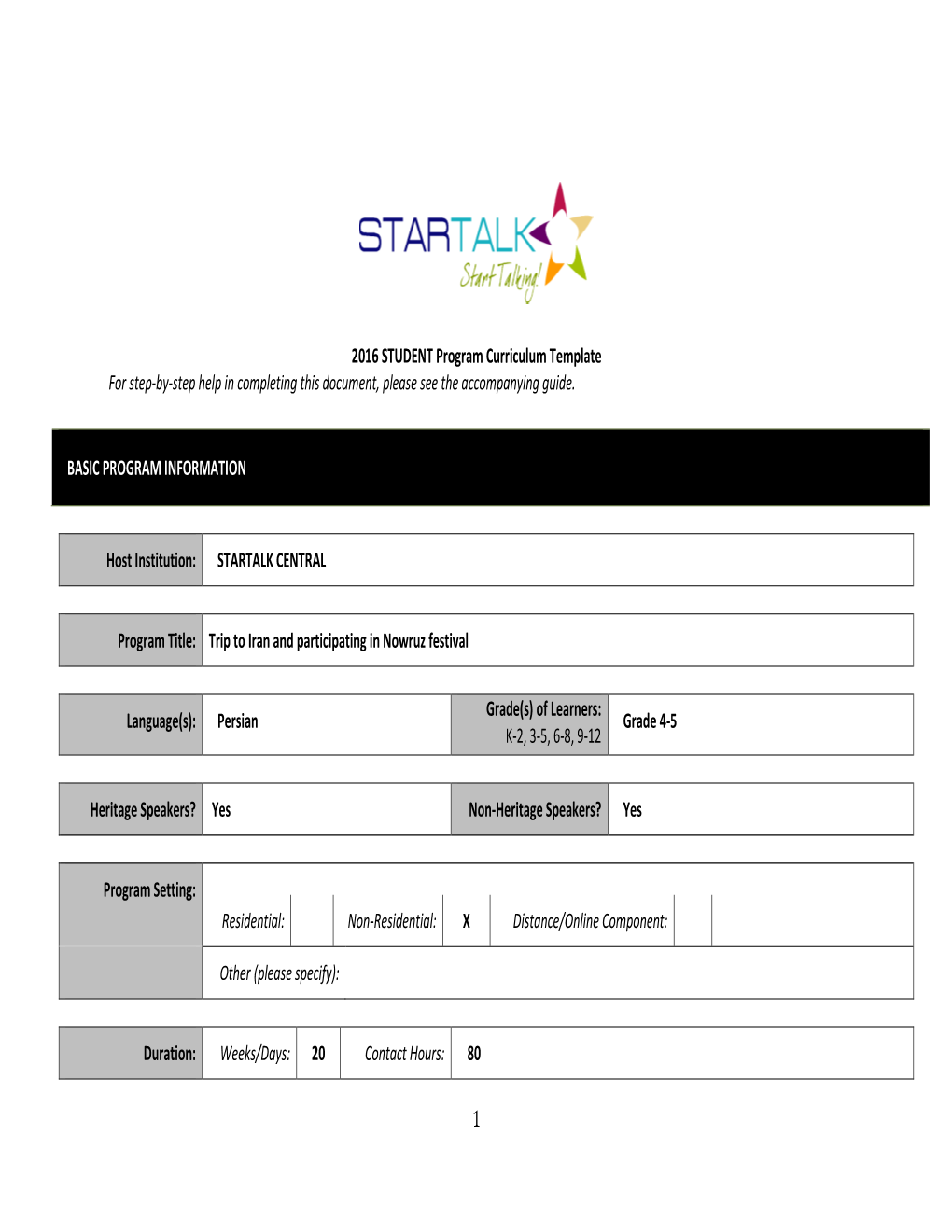 2016 STUDENT Program Curriculum Template for Step-By-Step Help in Completing This Document, Please See the Accompanying Guide