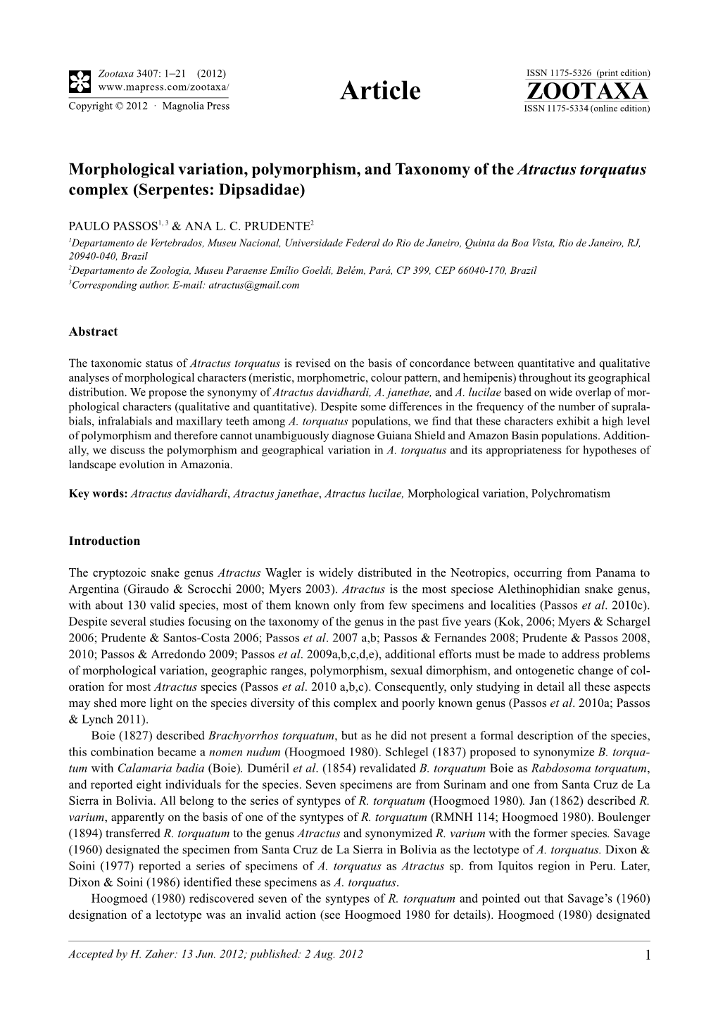 Morphological Variation, Polymorphism, and Taxonomy of the Atractus Torquatus Complex (Serpentes: Dipsadidae)