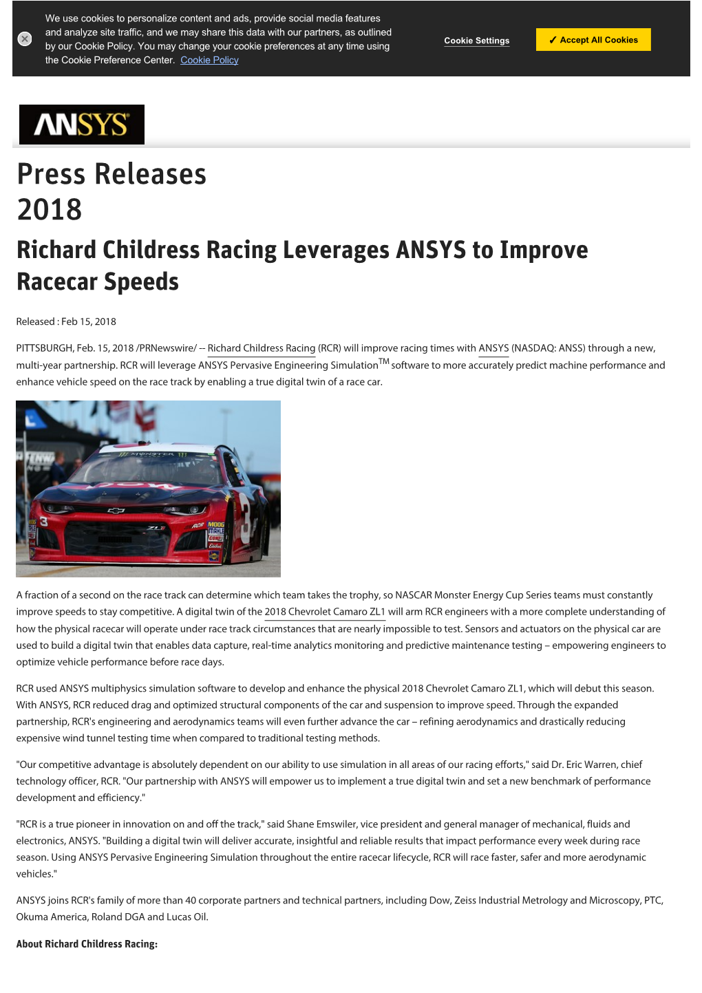 Press Releases 2018 Richard Childress Racing Leverages ANSYS to Improve Racecar Speeds