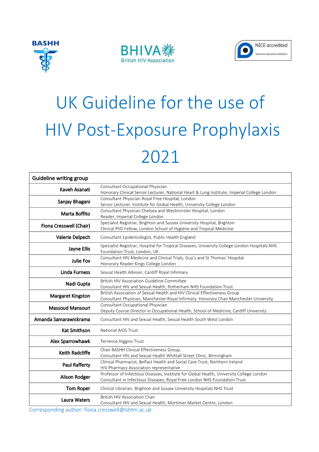 UK Guideline for the Use of HIV Post-Exposure Prophylaxis 2021