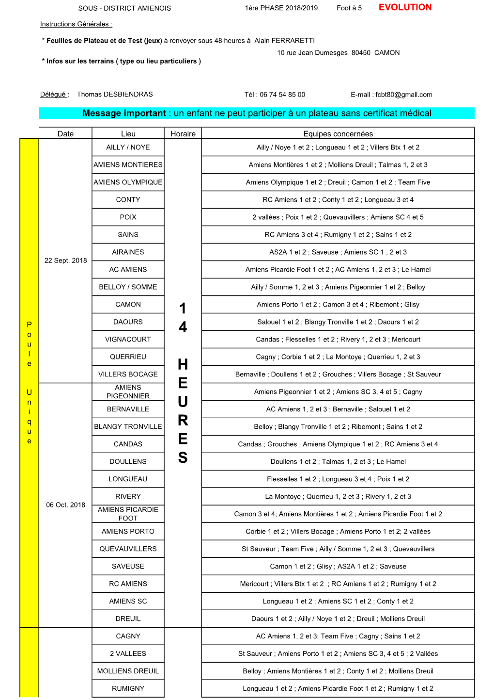 1Ère Phase 2018-2019 Calendrier Foot À 5