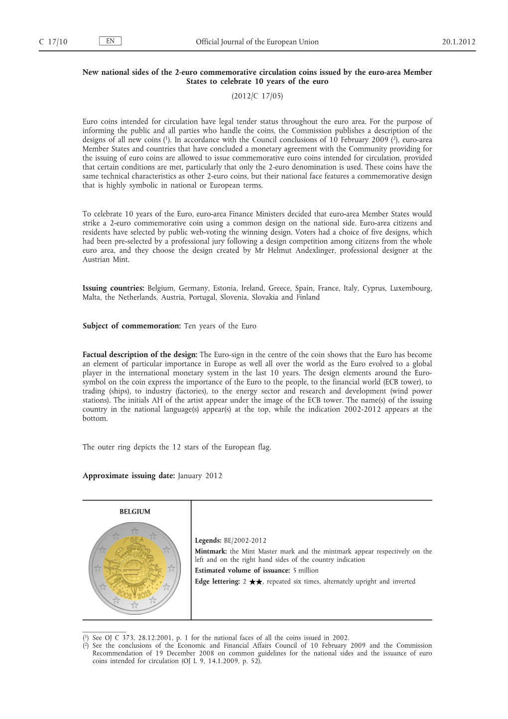 New National Sides of the 2-Euro Commemorative Circulation Coins Issued by the Euro-Area Member States to Celebrate 10 Years of the Euro (2012/C 17/05)