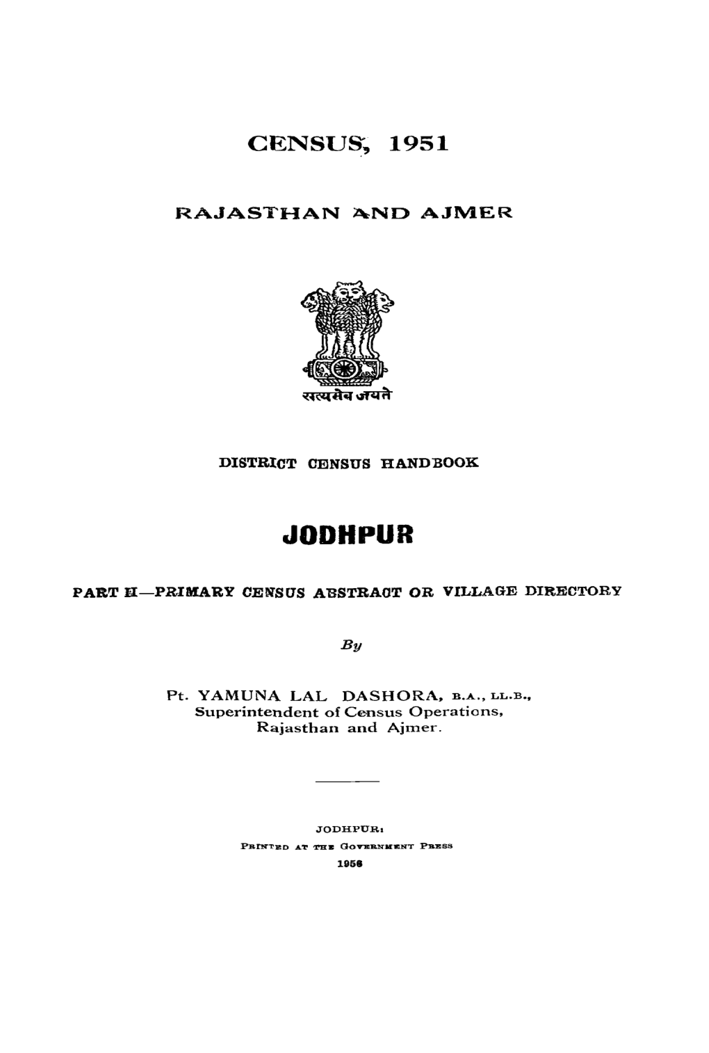 District Census Handbook, Jodhpur, Part II, Rajasthan and Ajmer