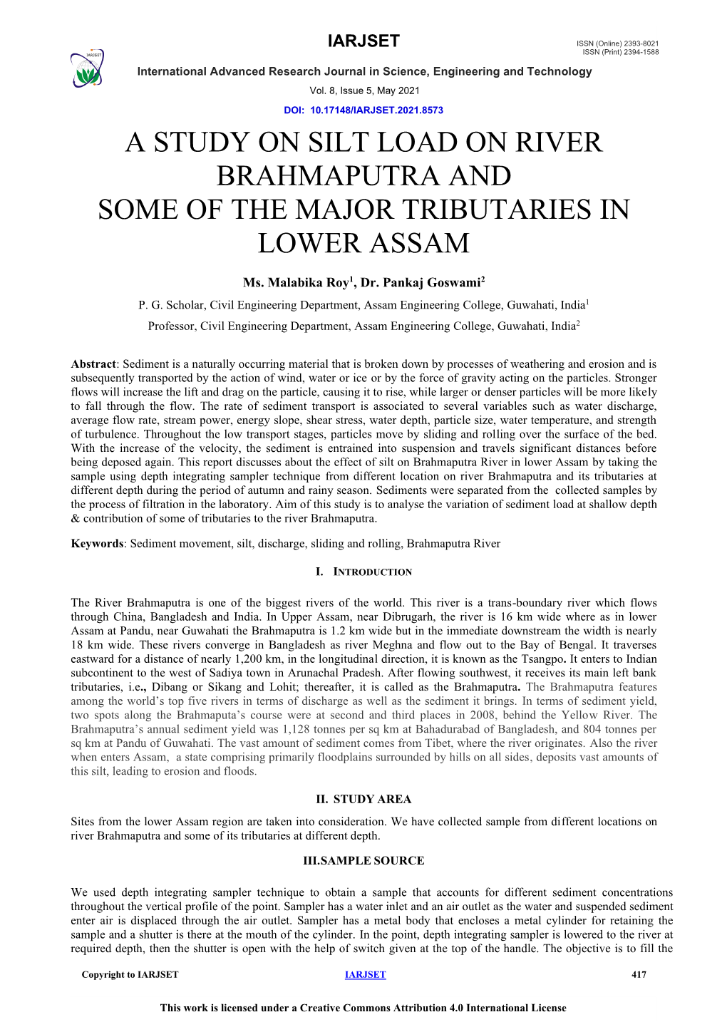 A Study on Silt Load on River Brahmaputra and Some of the Major Tributaries in Lower Assam