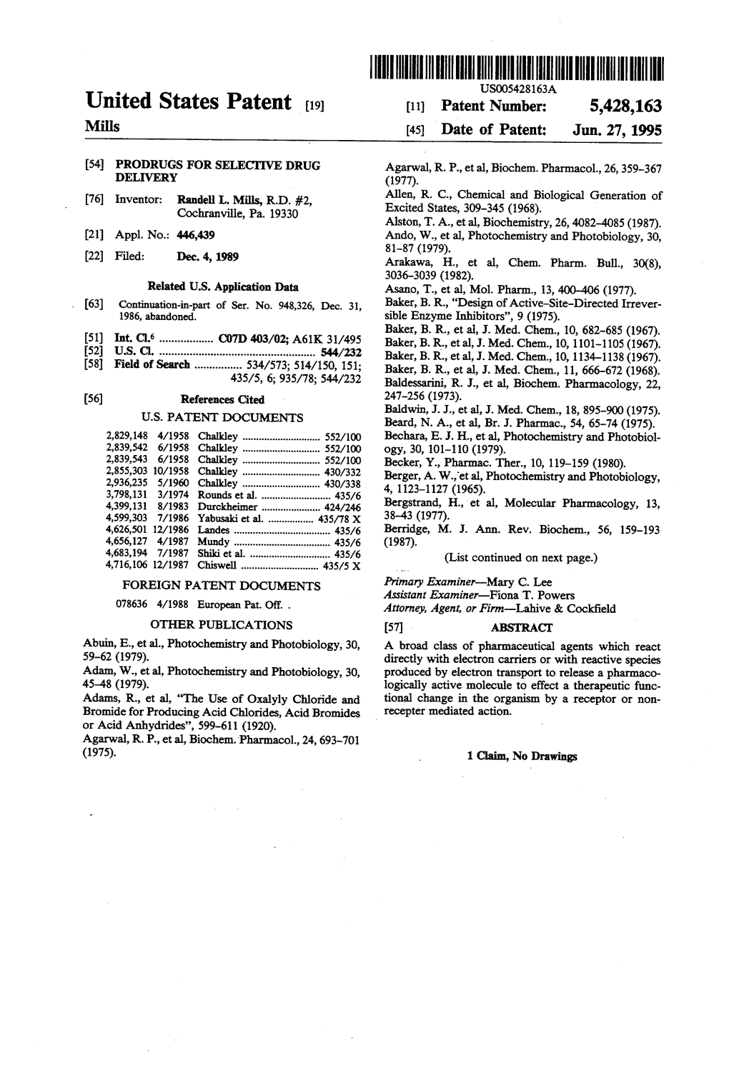 United States Patent (19) 11 Patent Number: 5,428,163 Mills 45) Date of Patent: Jun