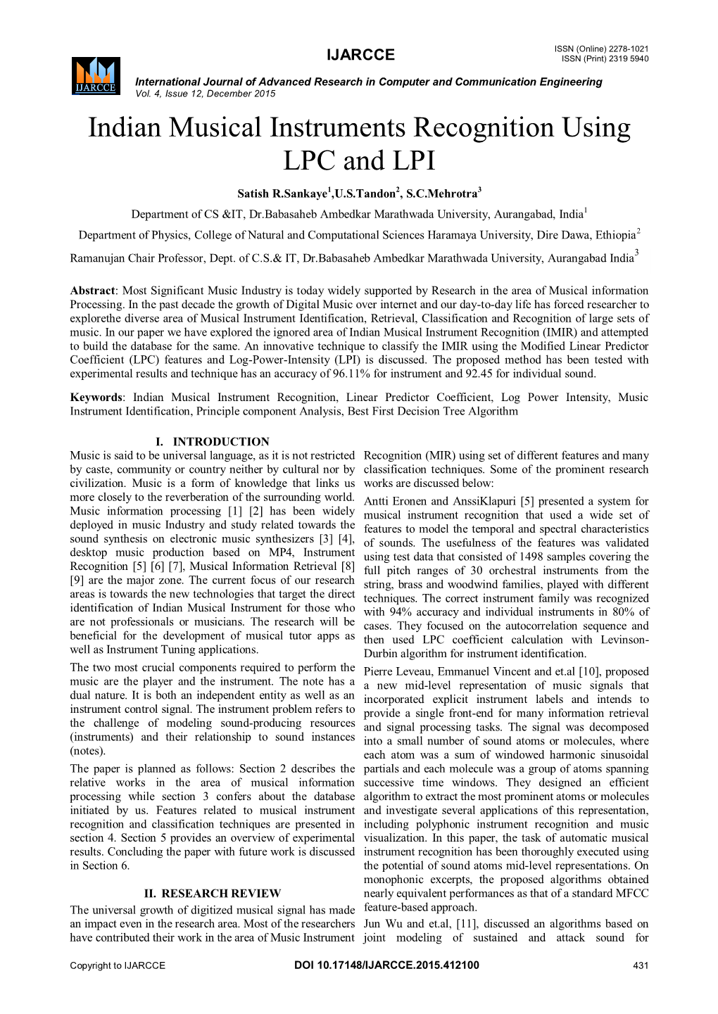 Indian Musical Instruments Recognition Using LPC and LPI