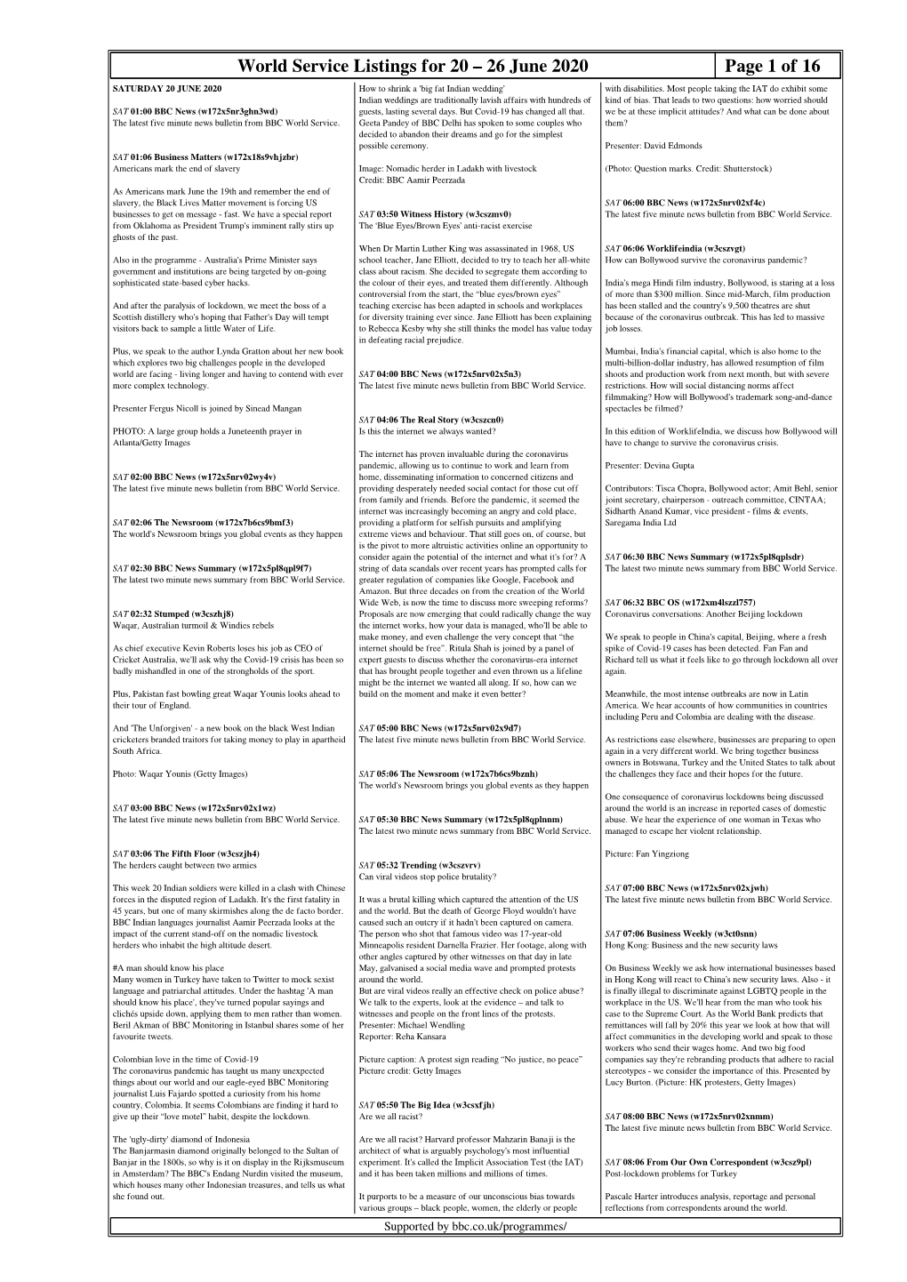 World Service Listings for 20 – 26 June 2020 Page 1 of 16 SATURDAY 20 JUNE 2020 How to Shrink a 'Big Fat Indian Wedding’ with Disabilities