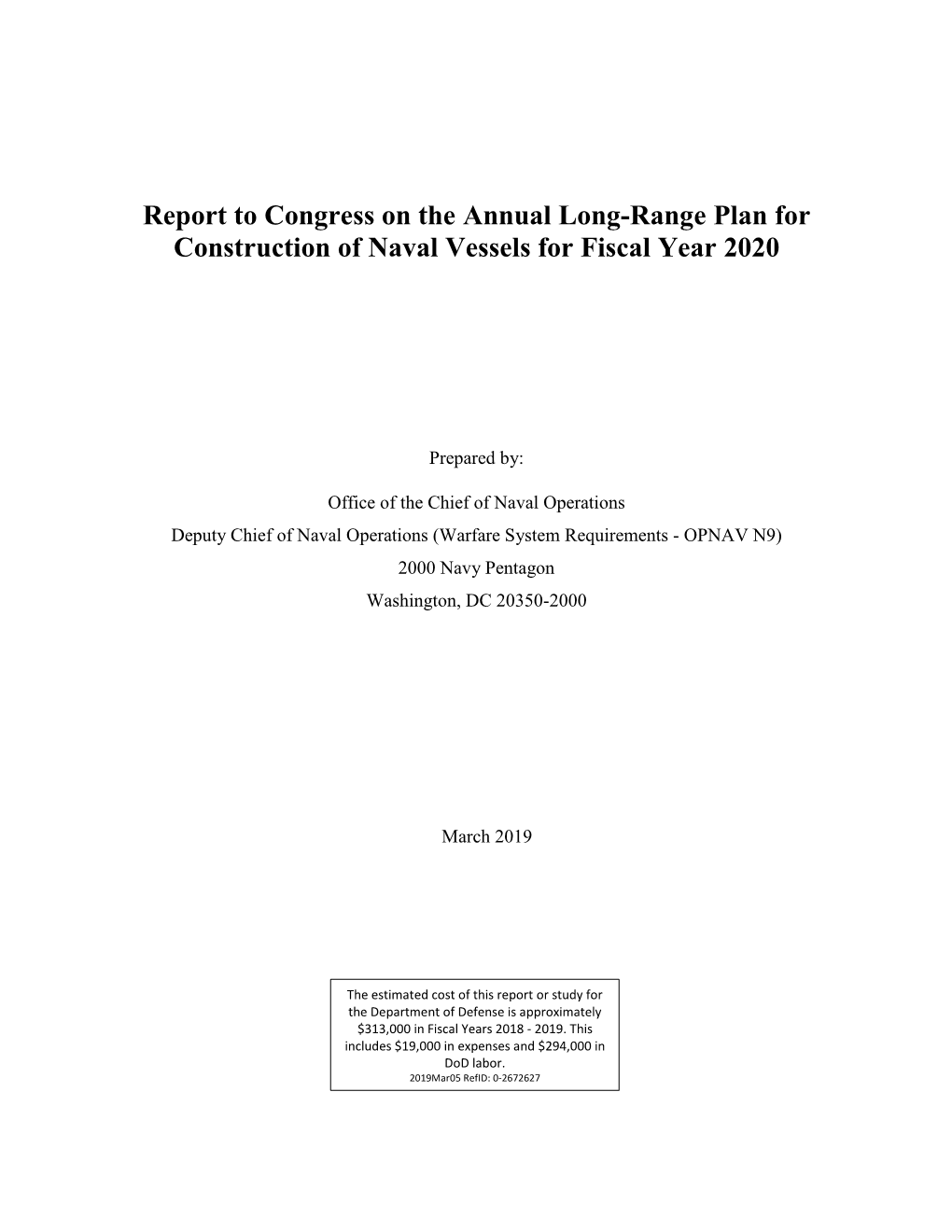 Report to Congress on the Annual Long-Range Plan for Construction of Naval Vessels for Fiscal Year 2020