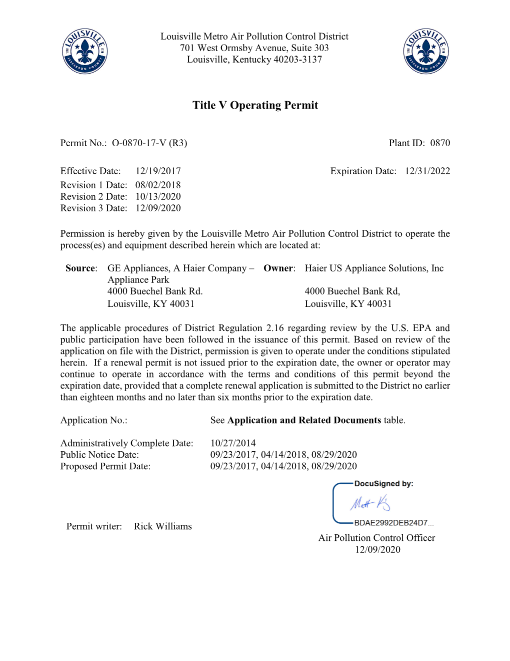 Title V Operating Permit