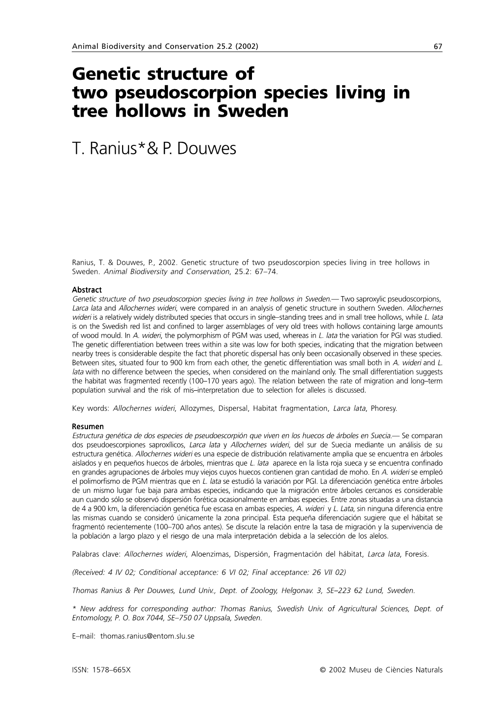 Genetic Structure of Two Pseudoscorpion Species Living in Tree Hollows in Sweden