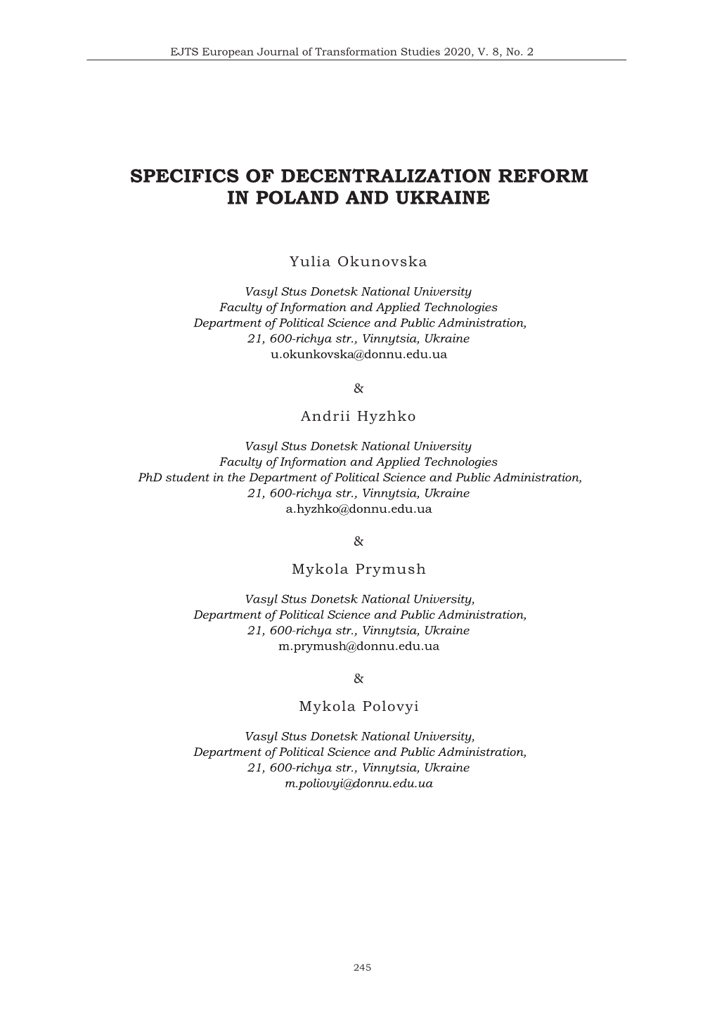 Specifics of Decentralization Reform in Poland and Ukraine