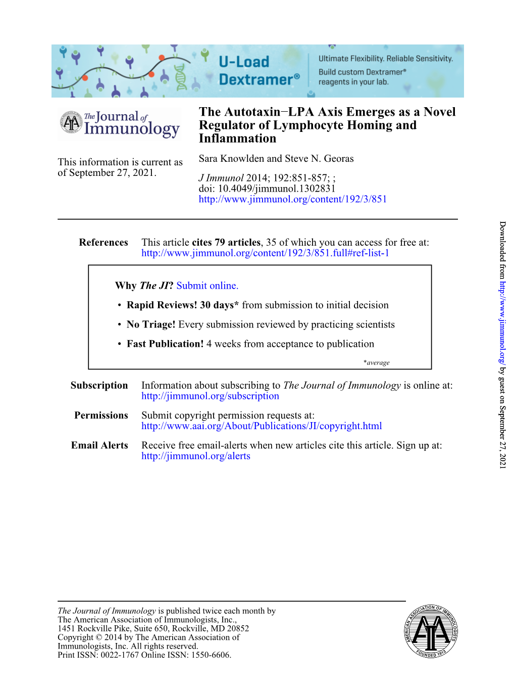 Inflammation Regulator of Lymphocyte Homing and LPA Axis Emerges As