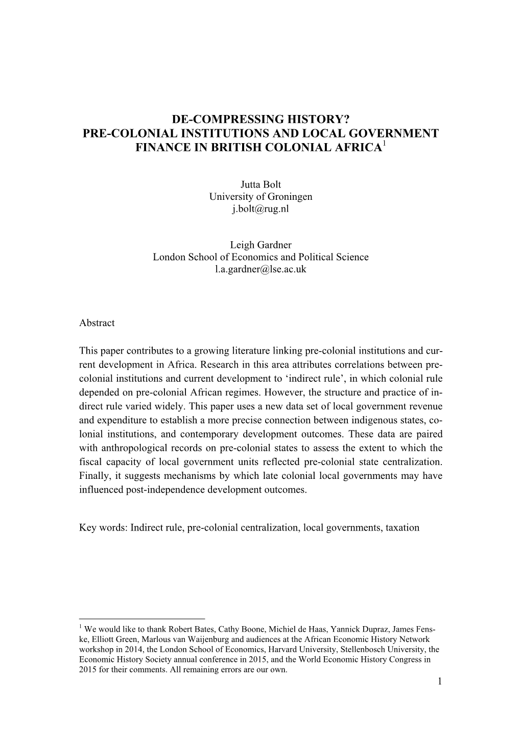 De-Compressing History? Pre-Colonial Institutions and Local Government Finance in British Colonial Africa1