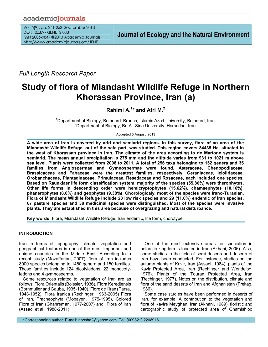 Study of Flora of Miandasht Wildlife Refuge in Northern Khorasan