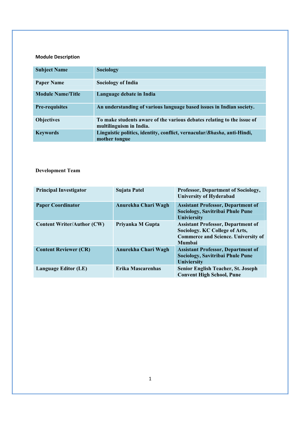 1 Module Description Subject Name Sociology Paper Name Sociology