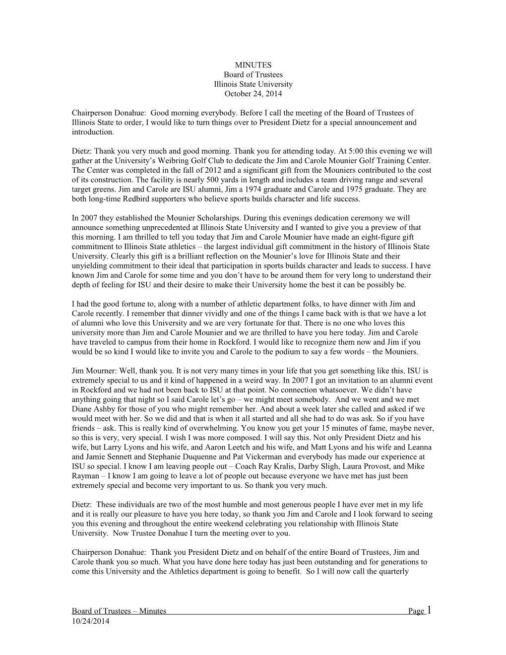 MINUTES Board of Trustees Illinois State University October 24, 2014