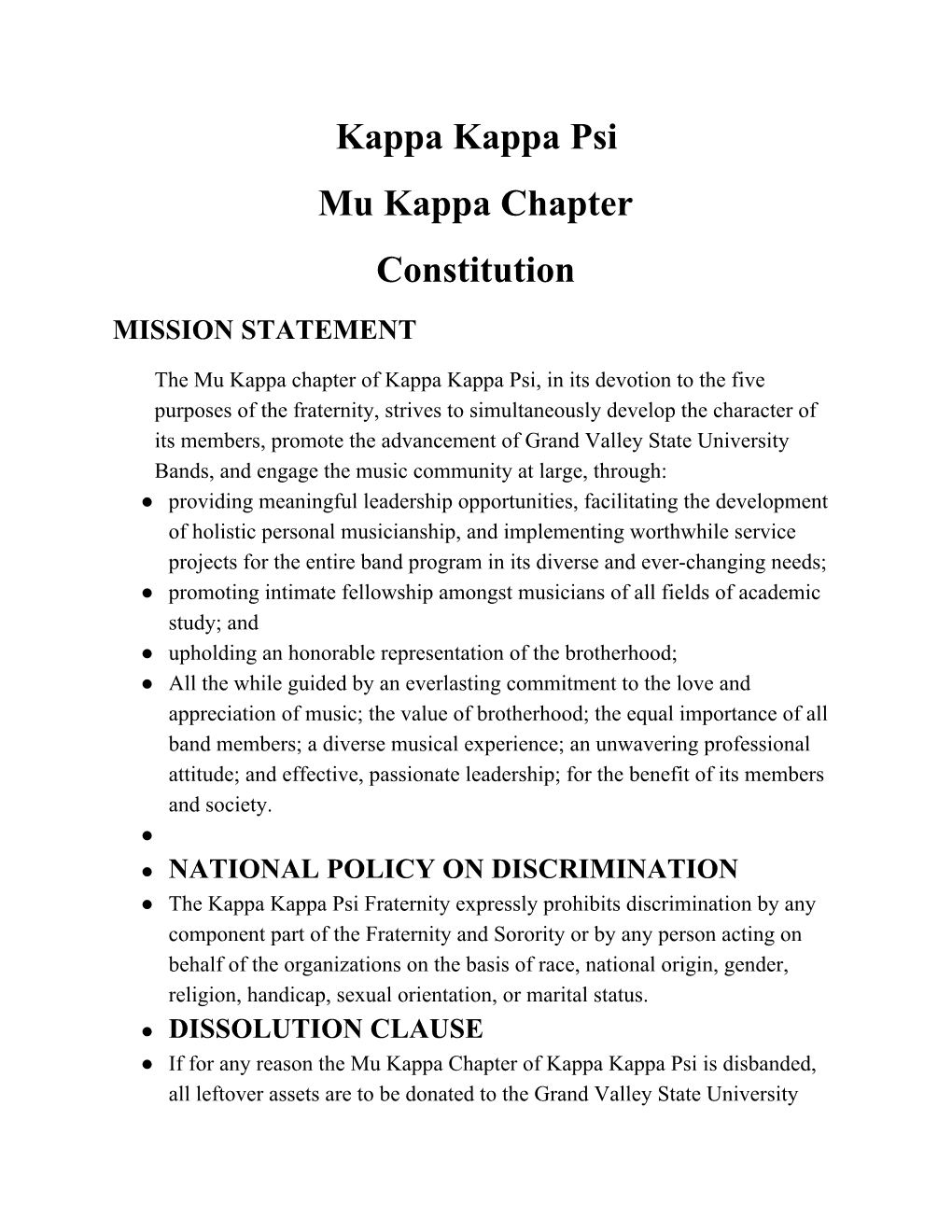 Kappa Kappa Psi Mu Kappa Chapter Constitution MISSION STATEMENT