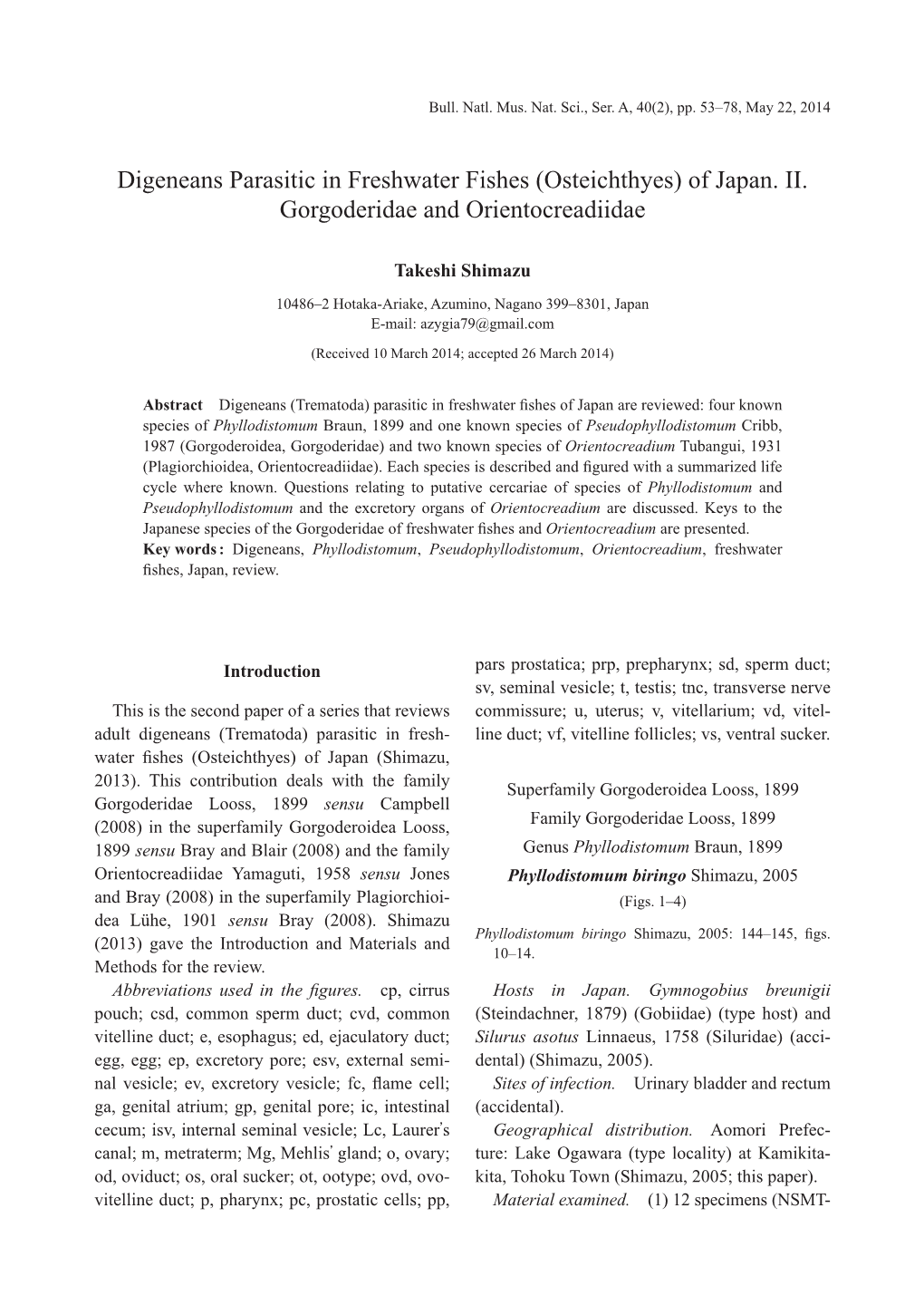 Digeneans Parasitic in Freshwater Fishes (Osteichthyes) of Japan. II