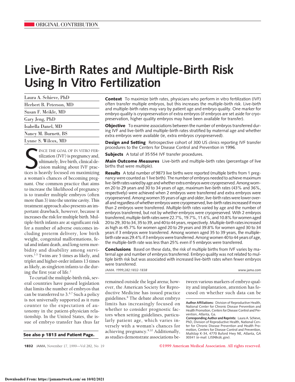 Live-Birth Rates and Multiple-Birth Risk Using in Vitro Fertilization