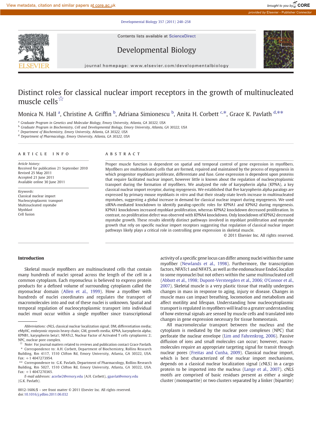 Distinct Roles for Classical Nuclear Import Receptors in the Growth of Multinucleated Muscle Cells☆