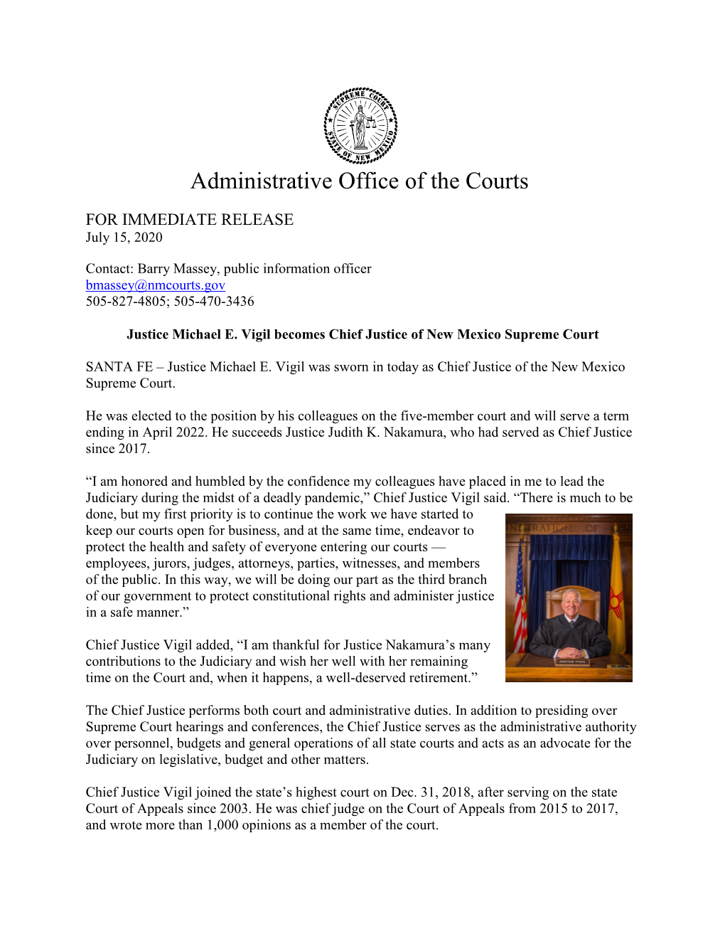 Administrative Office of the Courts for IMMEDIATE RELEASE July 15, 2020