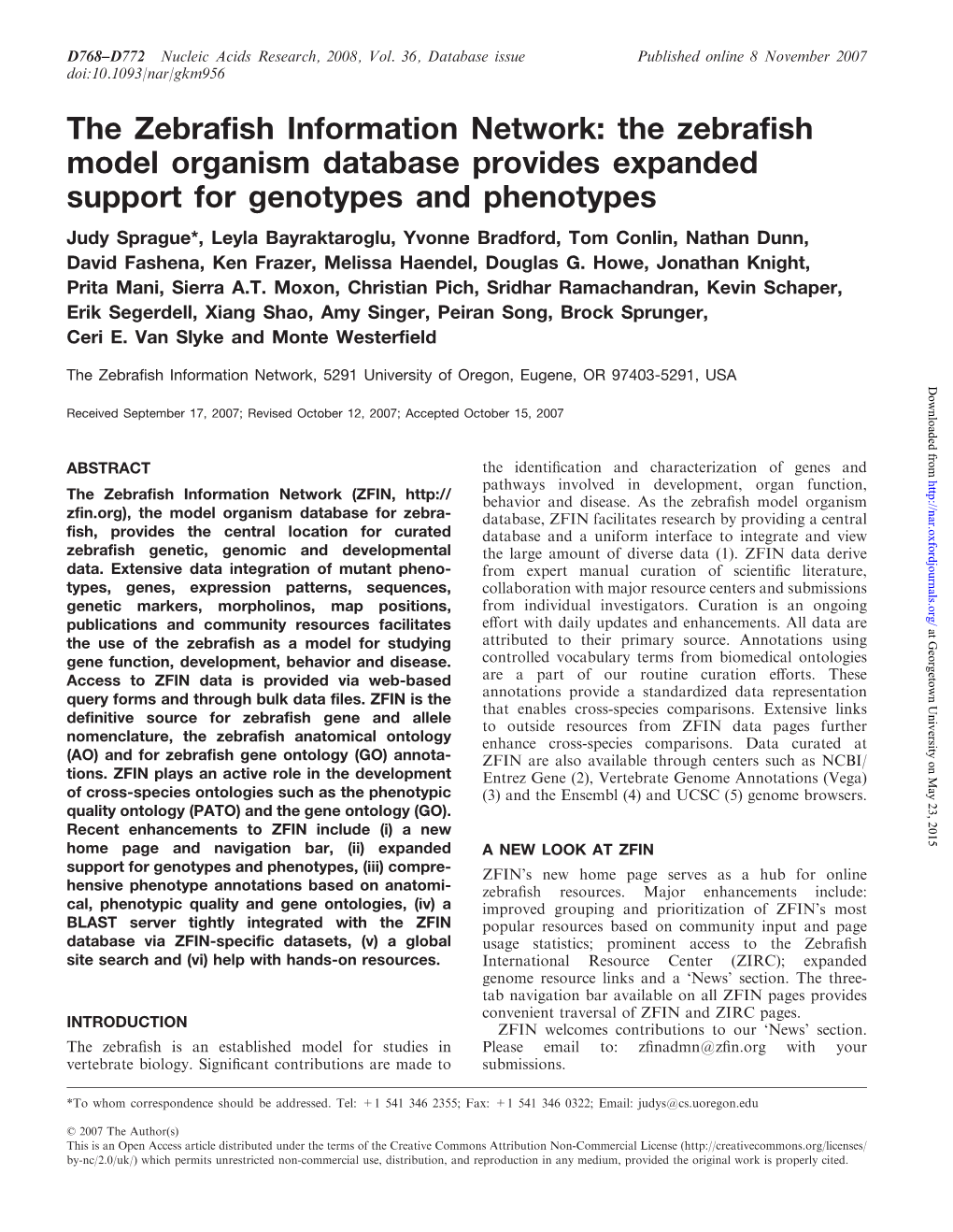 The Zebrafish Information Network: the Zebrafish Model Organism