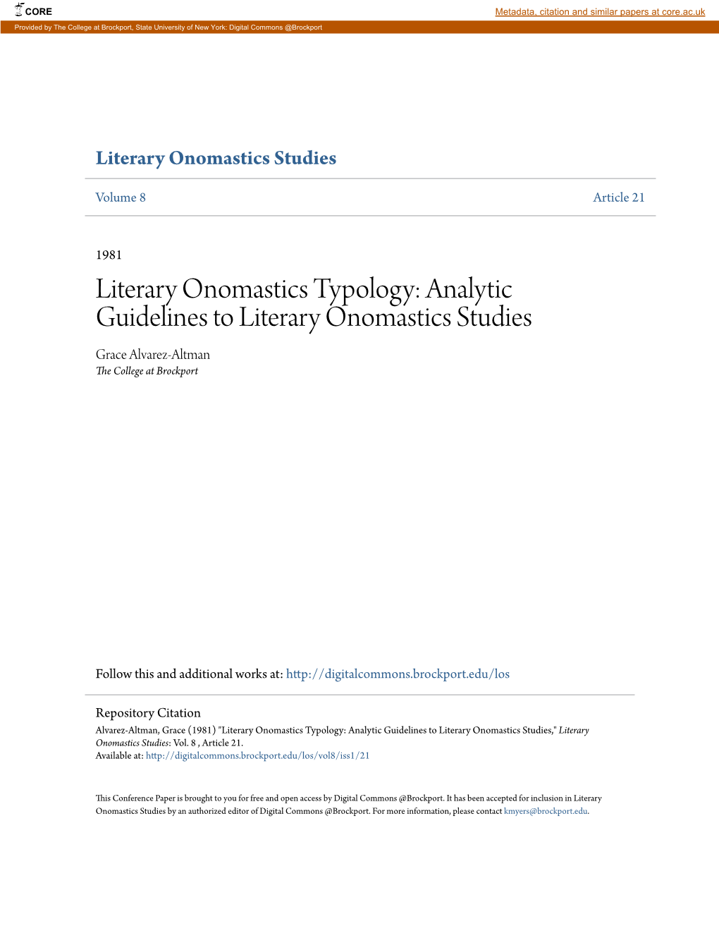 Literary Onomastics Typology: Analytic Guidelines to Literary Onomastics Studies Grace Alvarez-Altman the College at Brockport