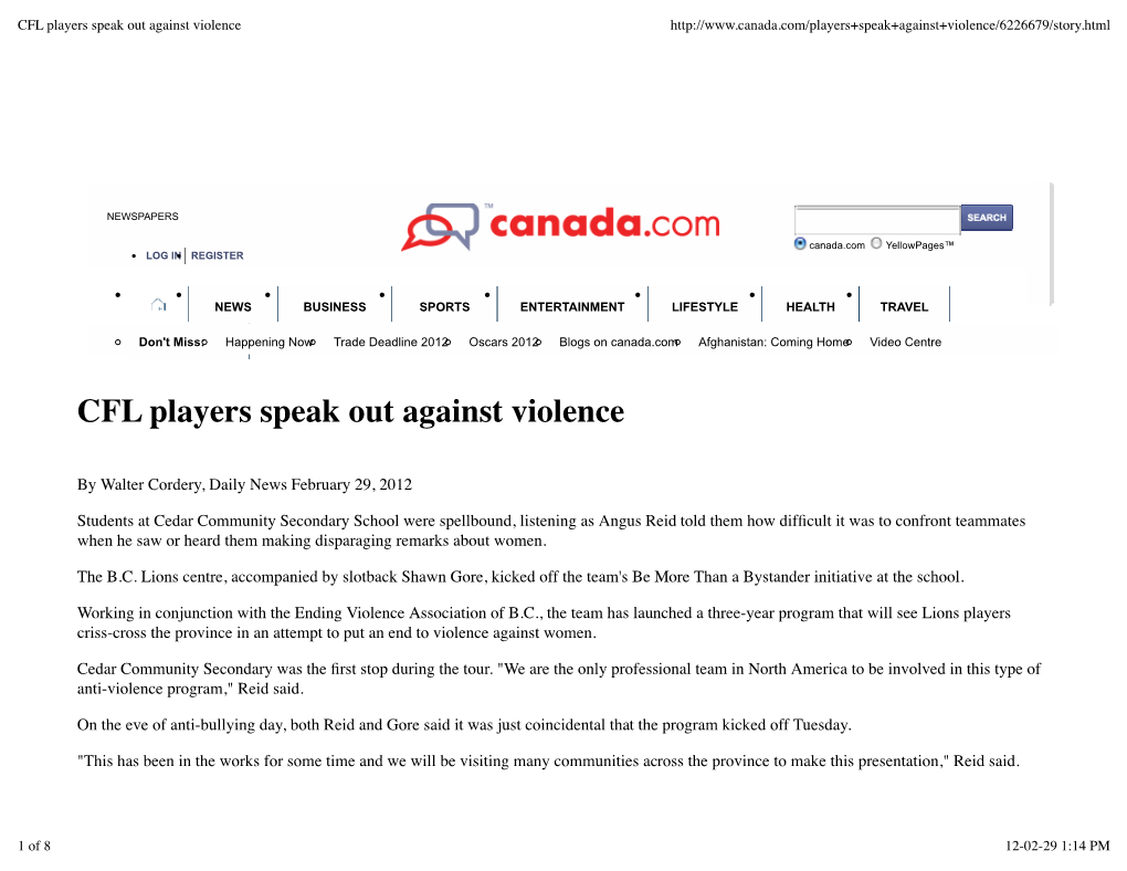 CFL Players Speak out Against Violence