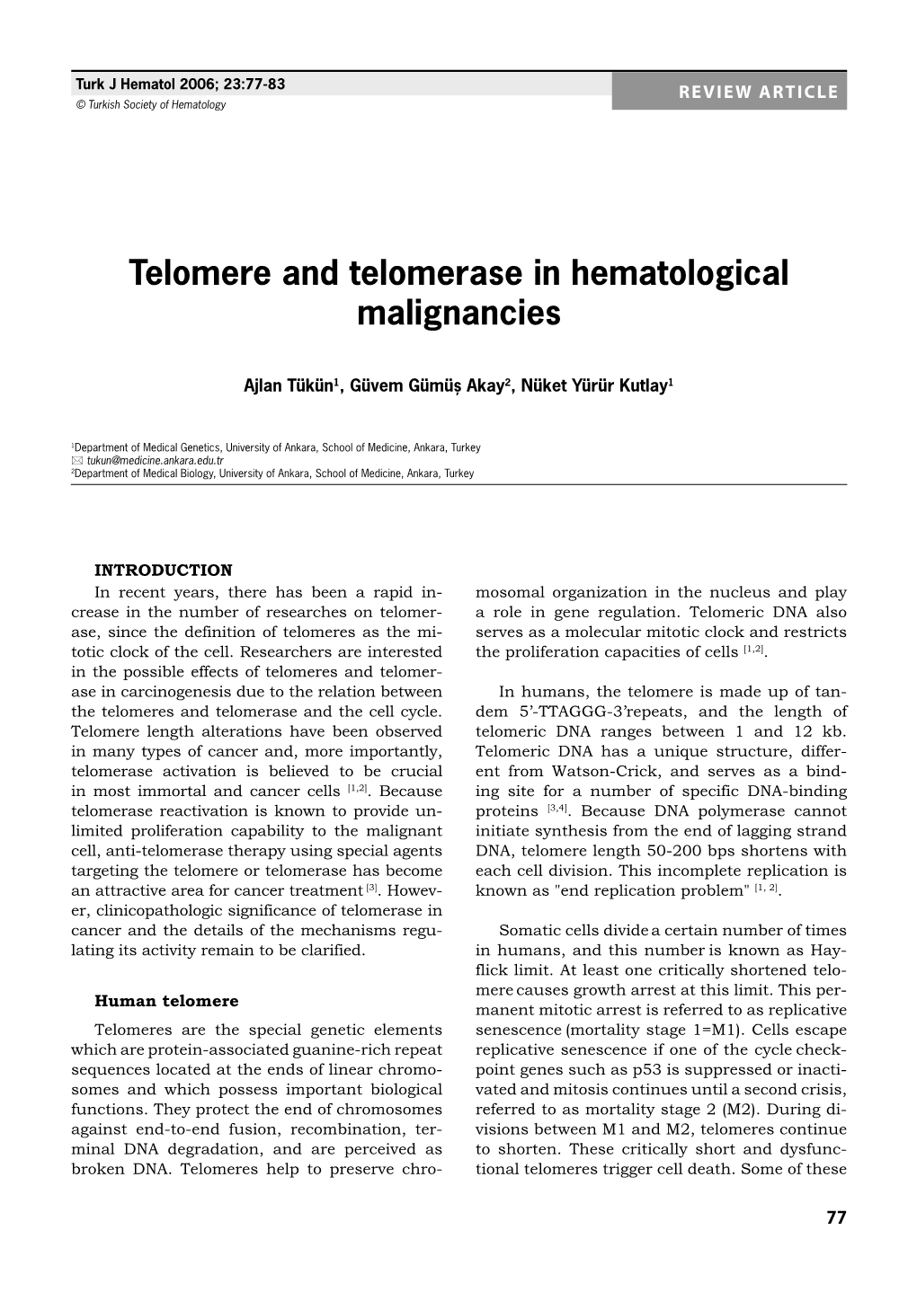 Telomere and Telomerase in Hematological Malignancies