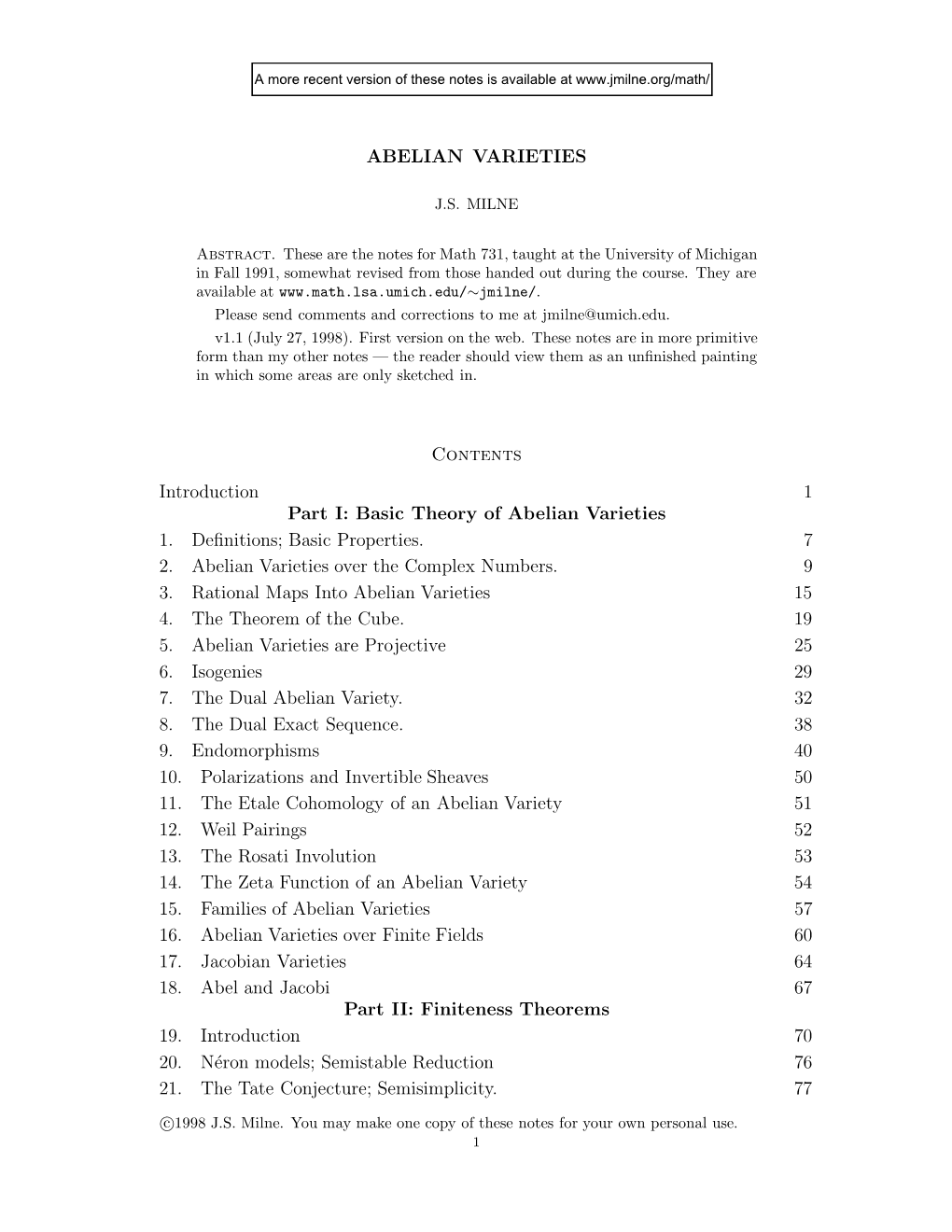 Basic Theory of Abelian Varieties 1. Definitions