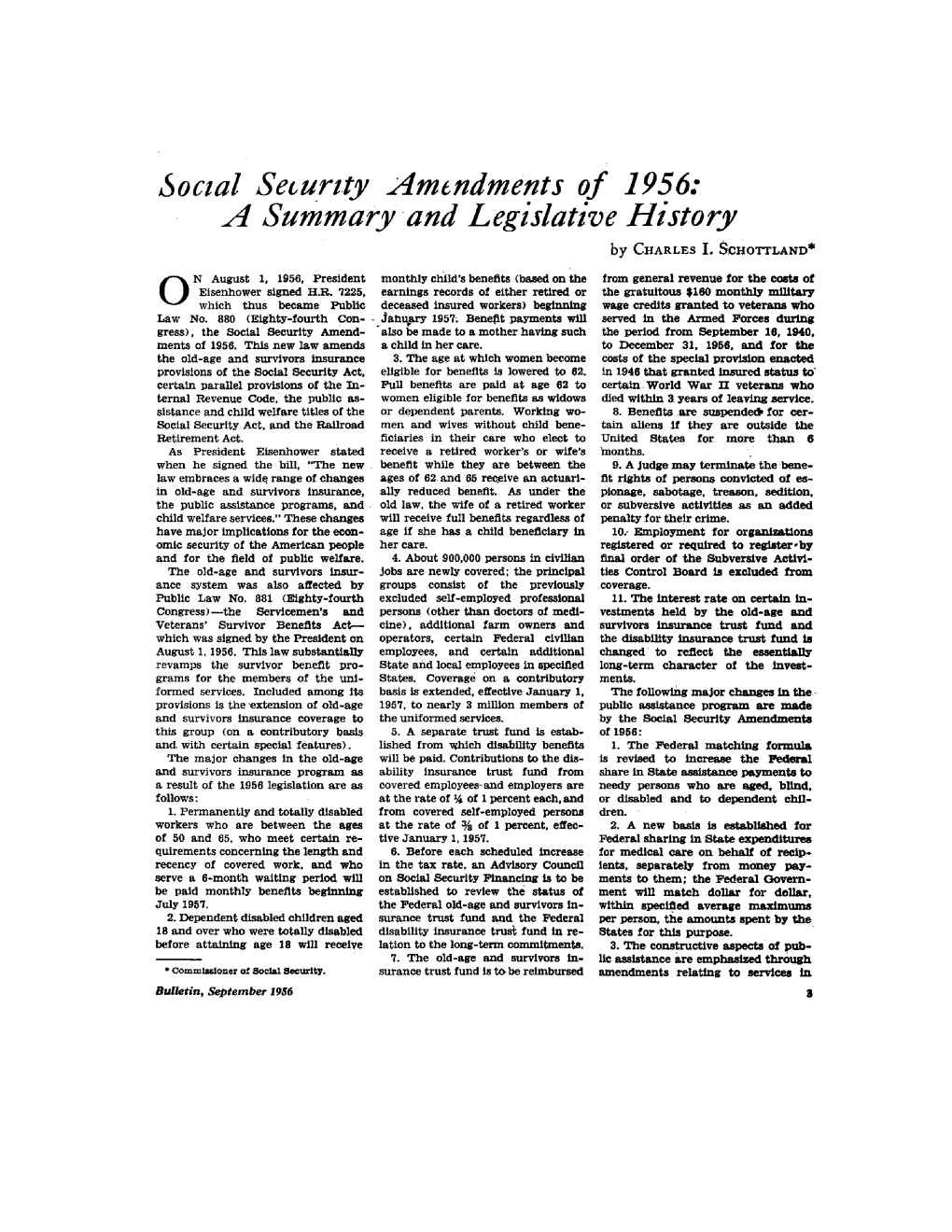 Social Security Amendments of 1956: a Summary and Legislative History