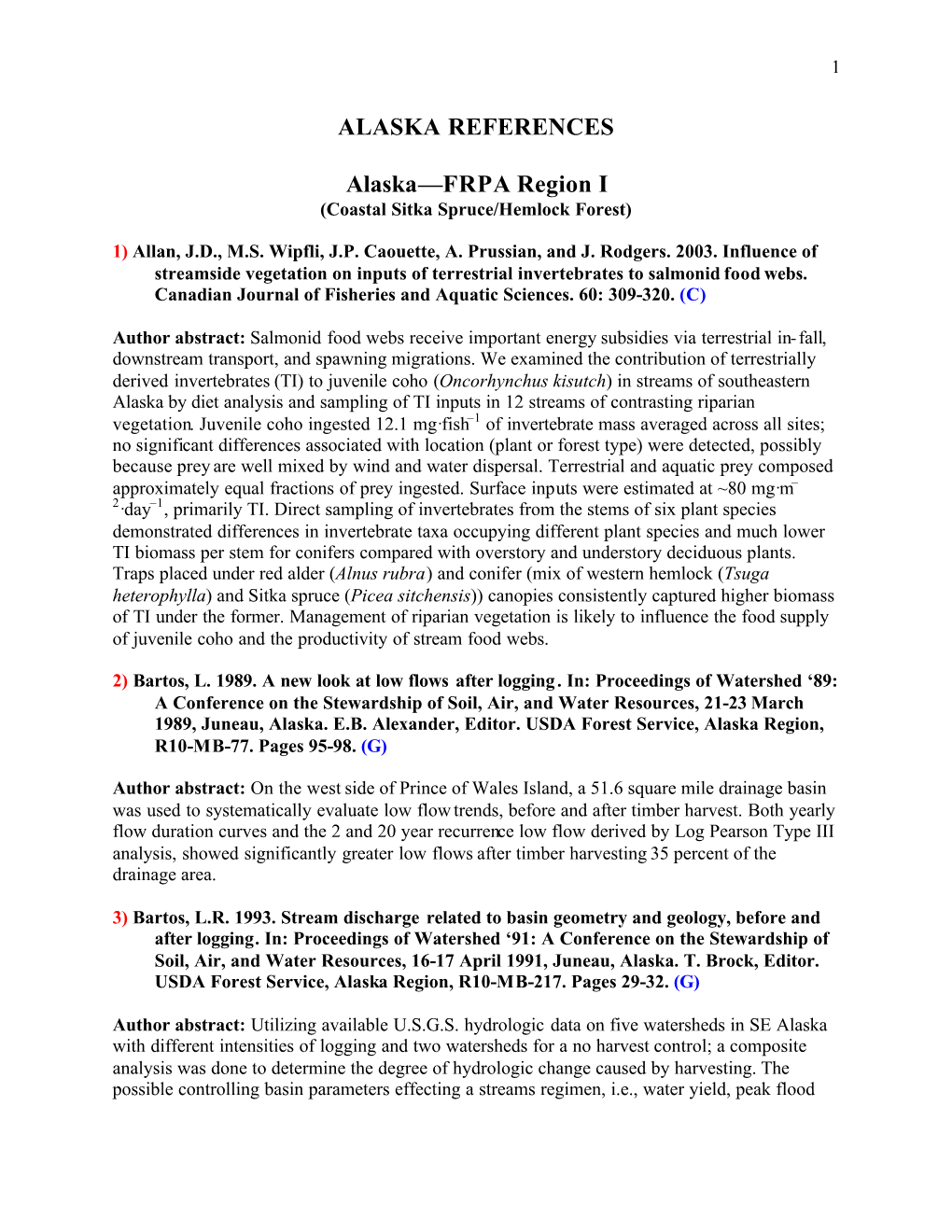 FRPA Region I (Coastal Sitka Spruce/Hemlock Forest)