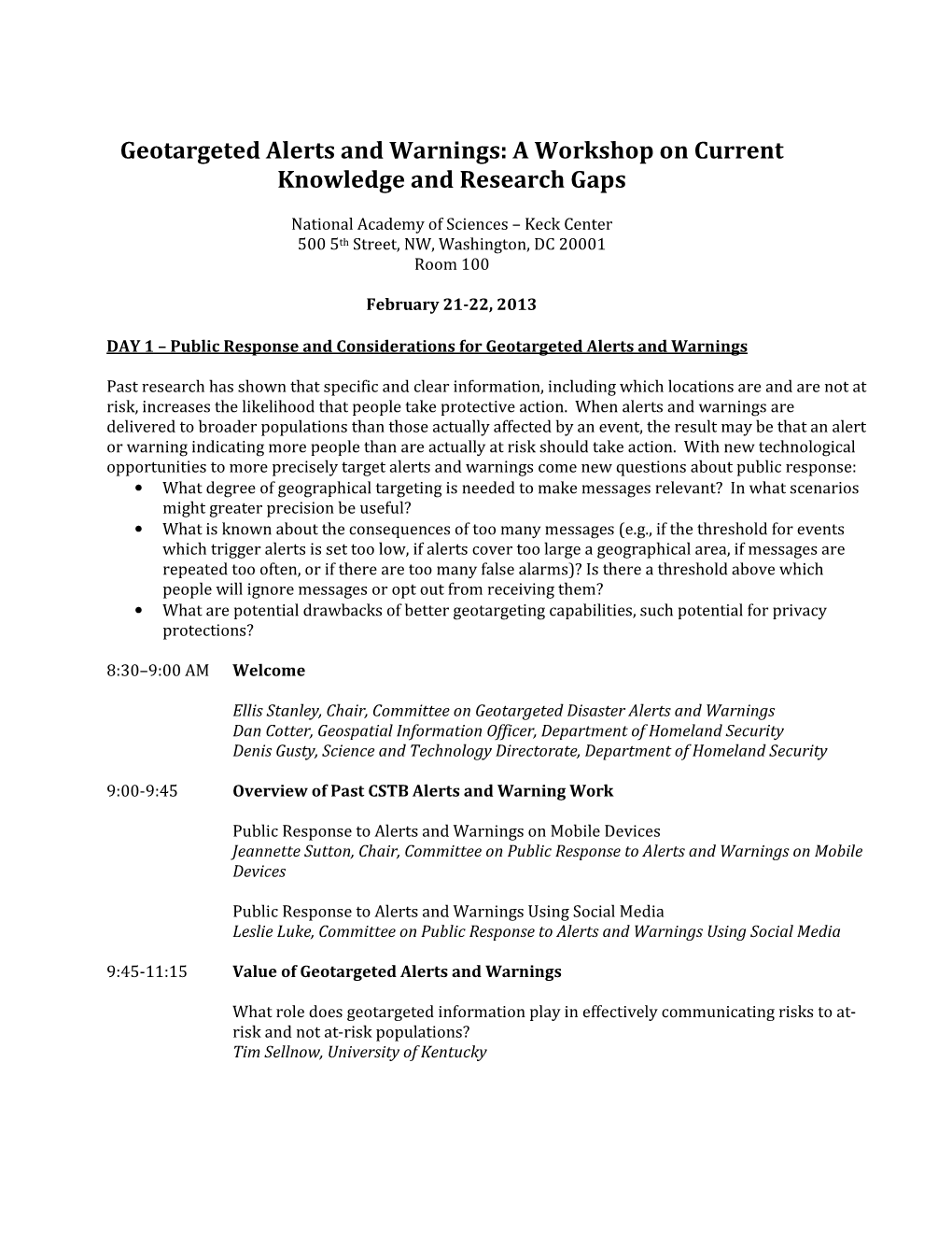 Geotargeted Alerts and Warnings: a Workshop on Current Knowledge and Research Gaps