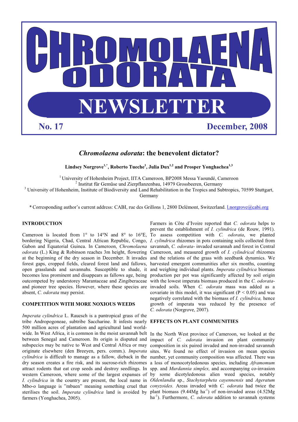 Chromolaena Odorata Newsletter 17, December 2008 Increased Litter N and K Inputs