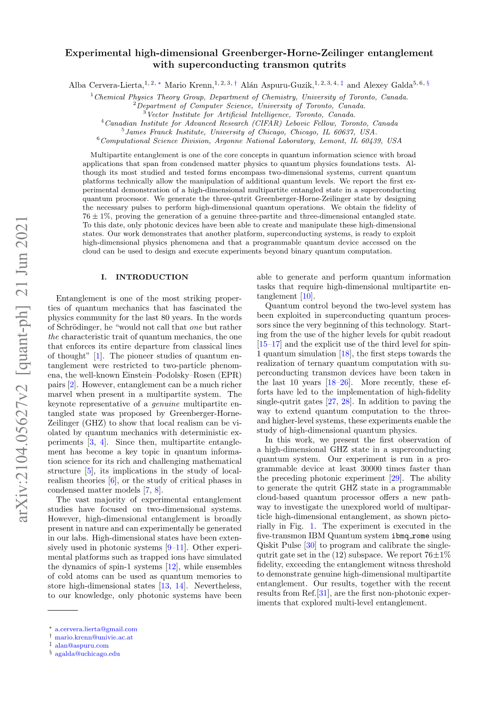 Arxiv:2104.05627V2 [Quant-Ph] 21 Jun 2021 However, High-Dimensional Entanglement Is Broadly Present in Nature and Can Experimentally Be Generated Rially in Fig.1