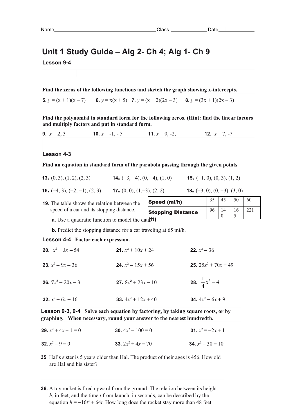 Unit 1 Study Guide Alg 2- Ch 4; Alg 1- Ch 9