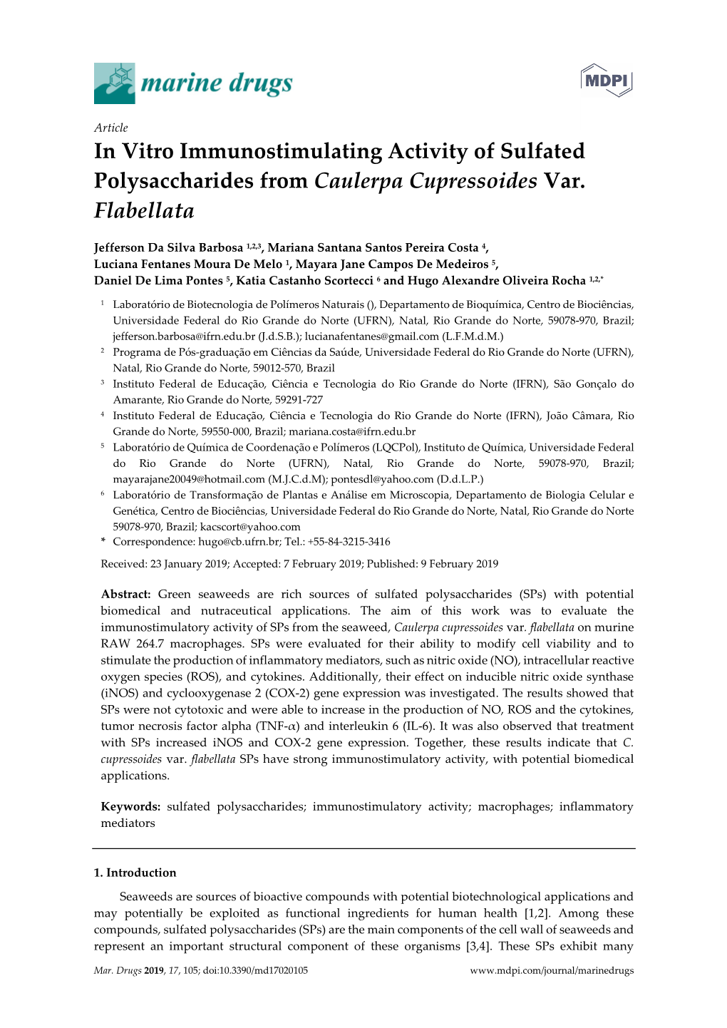 In Vitro Immunostimulating Activity of Sulfated Polysaccharides from Caulerpa Cupressoides Var. Flabellata